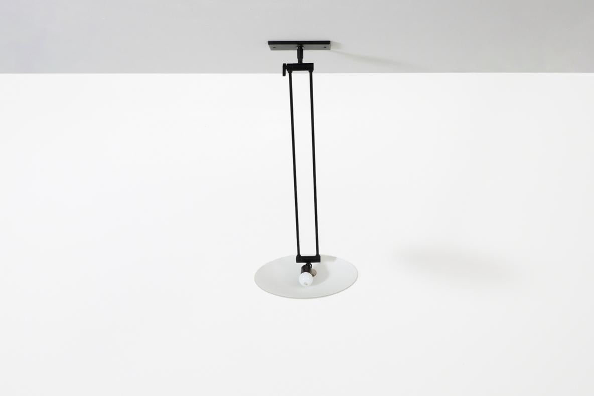 Enameled Stilnovo Inspired Ceiling Light with Articulating Arm & Frosted Glass Disc Shade For Sale