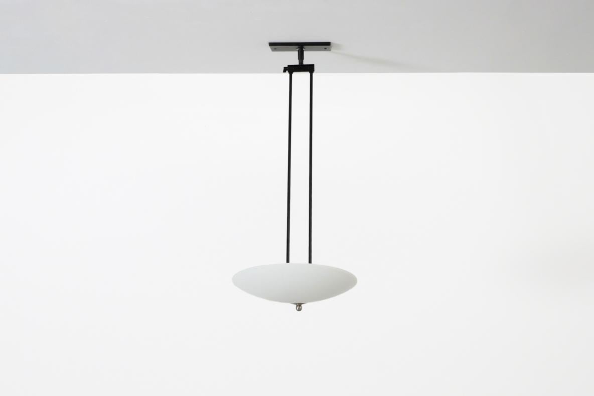 Stilnovo Inspired Ceiling Light with Articulating Arm & Frosted Glass Disc Shade In Good Condition For Sale In Los Angeles, CA