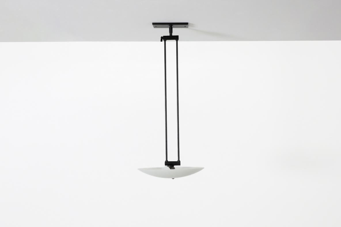 20th Century Stilnovo Inspired Ceiling Light with Articulating Arm & Frosted Glass Disc Shade For Sale