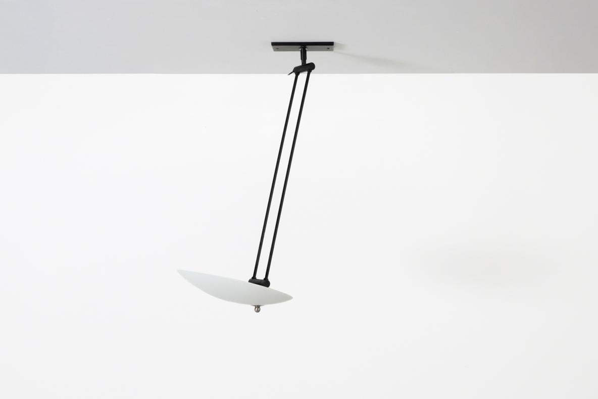 Metal Stilnovo Inspired Ceiling Light with Articulating Arm & Frosted Glass Disc Shade For Sale