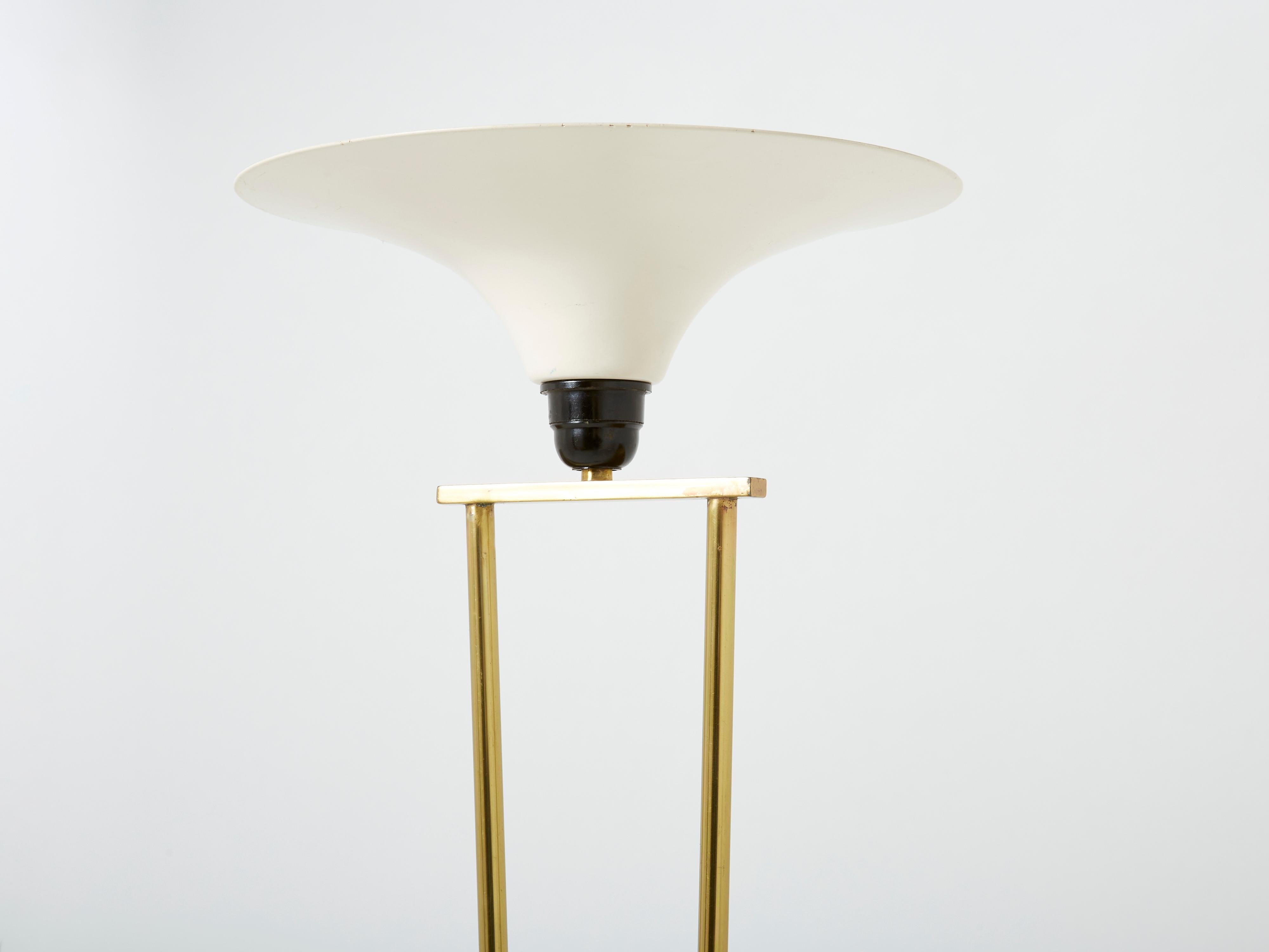 Tall brass legs curve gently into the gorgeous marble base of this Italian midcentury 1960s floor lamp. The lamp covering is made of a milky opaline and has a chic, fluted shape. The overall effect is instantly charming. The lamp has been fully