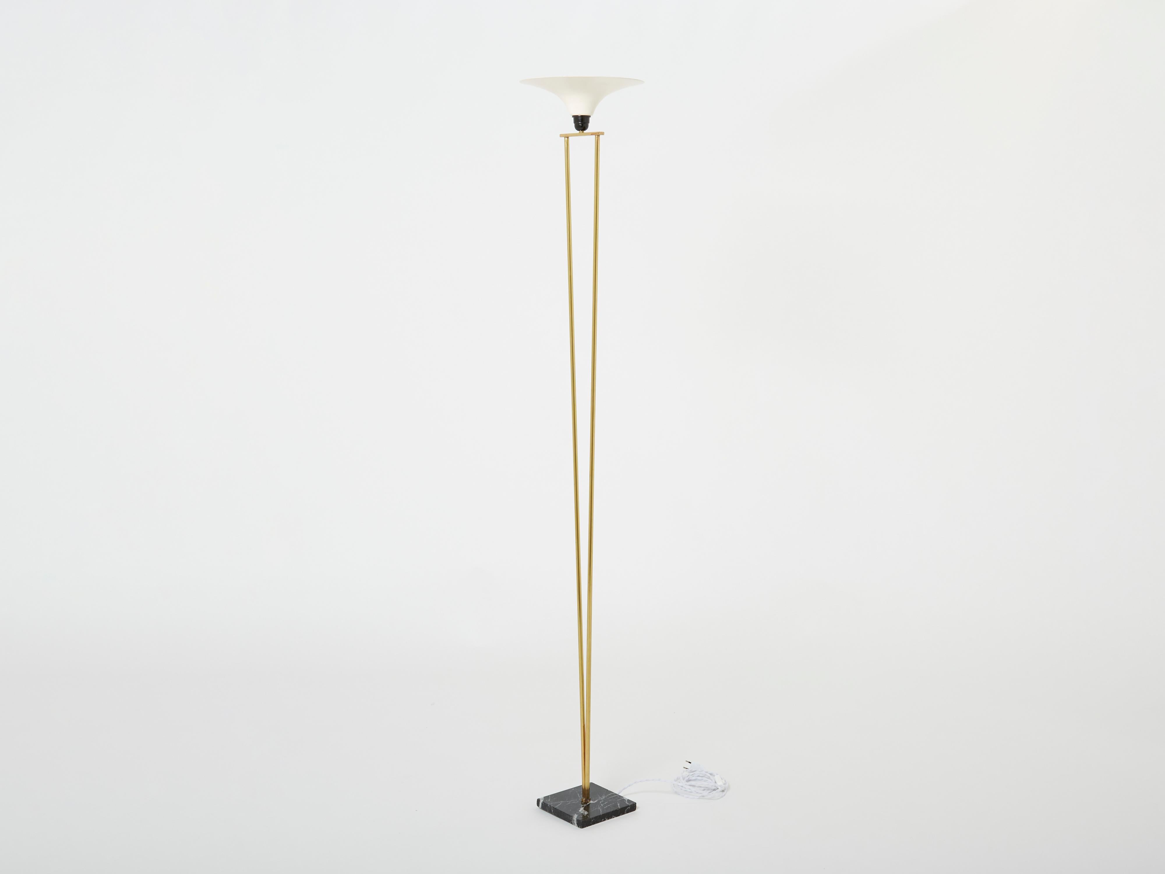 Mid-Century Modern Italian Brass and Opaline Floor Lamp Marble Base, 1960s For Sale