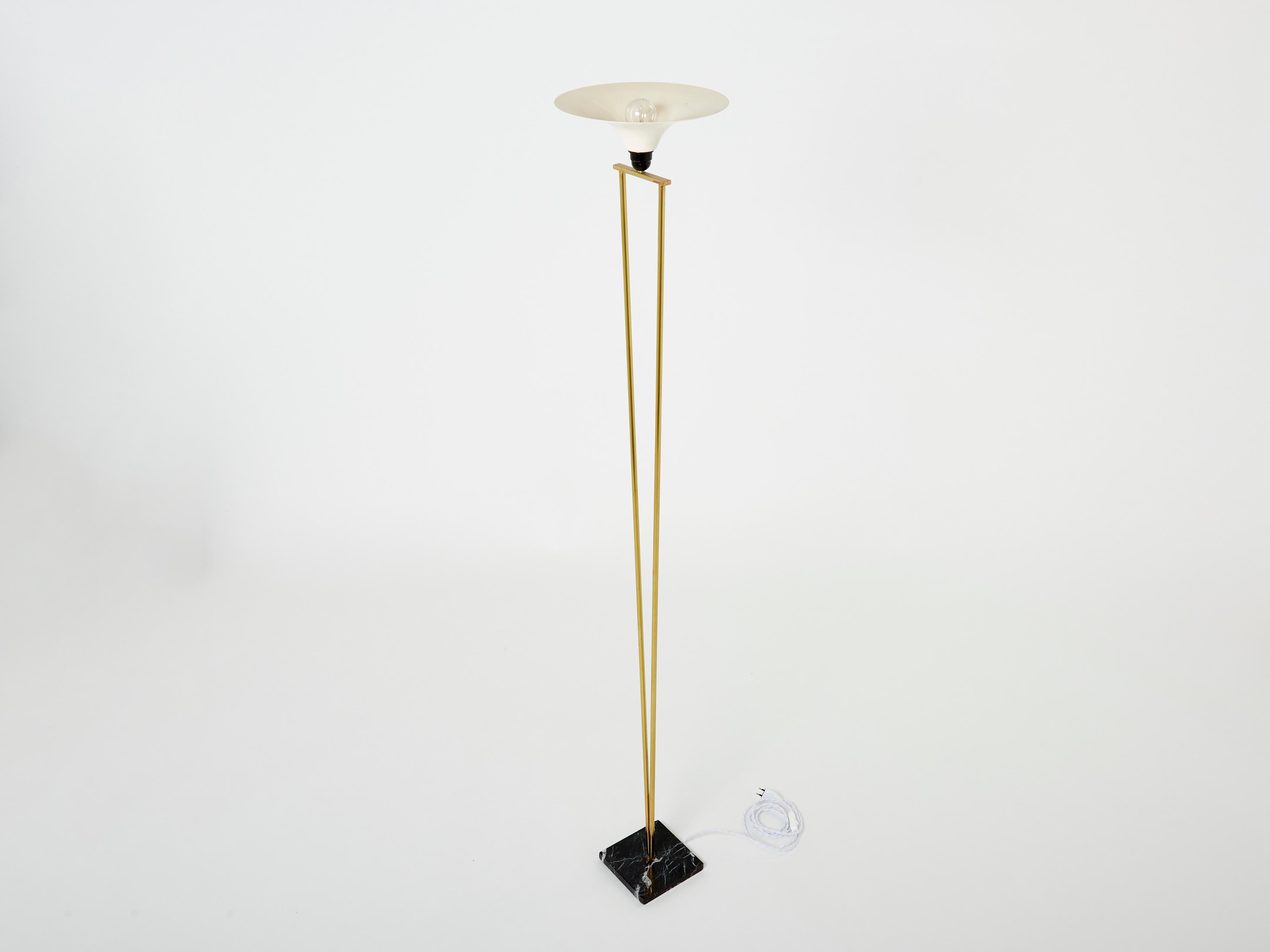 Italian Brass and Opaline Floor Lamp Marble Base, 1960s In Good Condition For Sale In Paris, IDF
