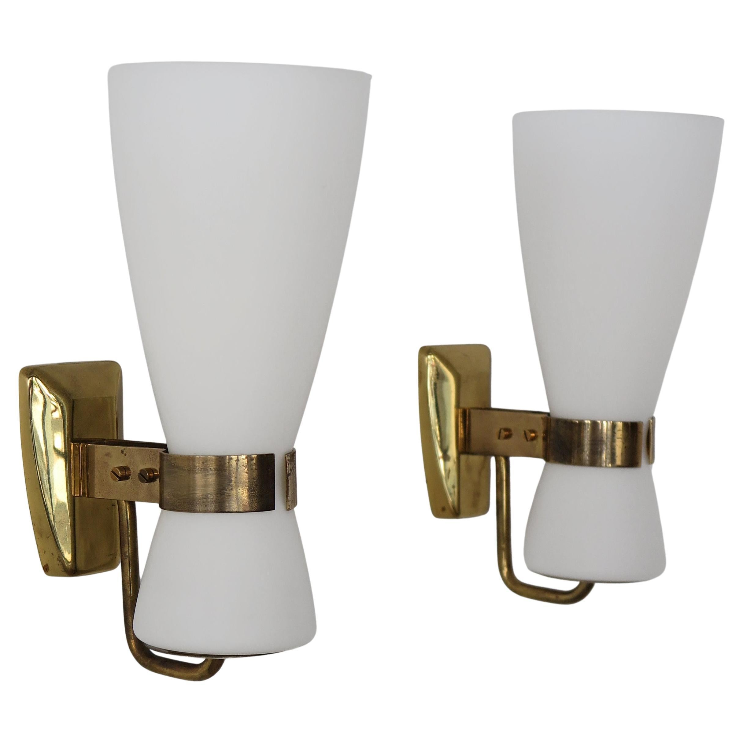 Stilnovo Italian Brass Glass Midcentury Sconces Wall Lights 1950s For Sale