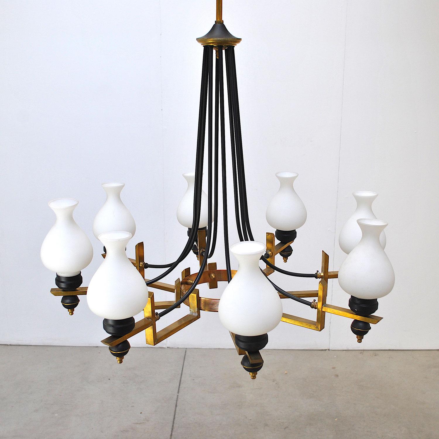 Mid-Century Modern Stilnovo in the Manner Italian Century Chandelier in Brass and Opaline For Sale