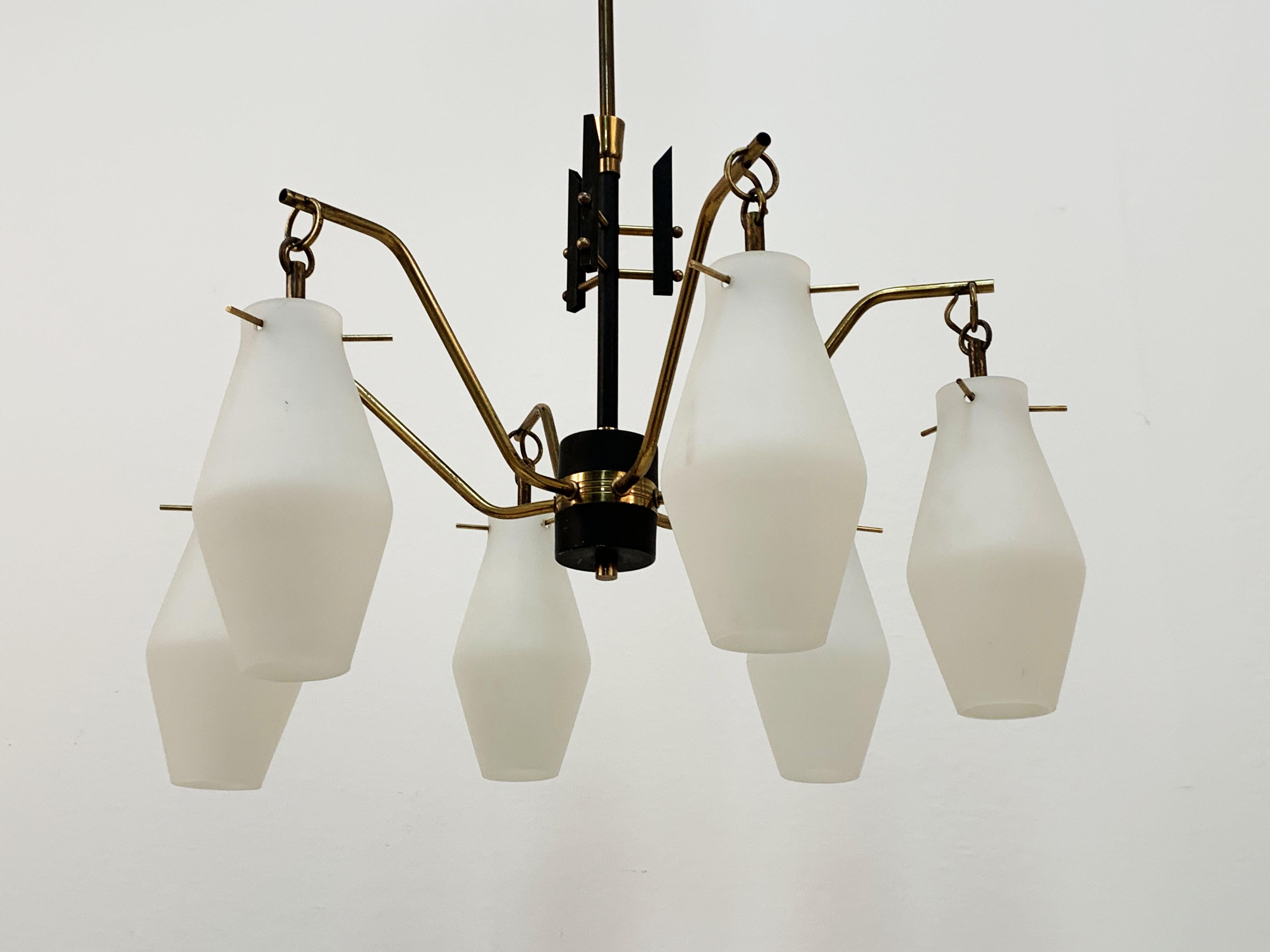 Italian Chandelier, Opaline Glass, Brass, 6 Lighting Arms, attrib to Stilnovo For Sale 3