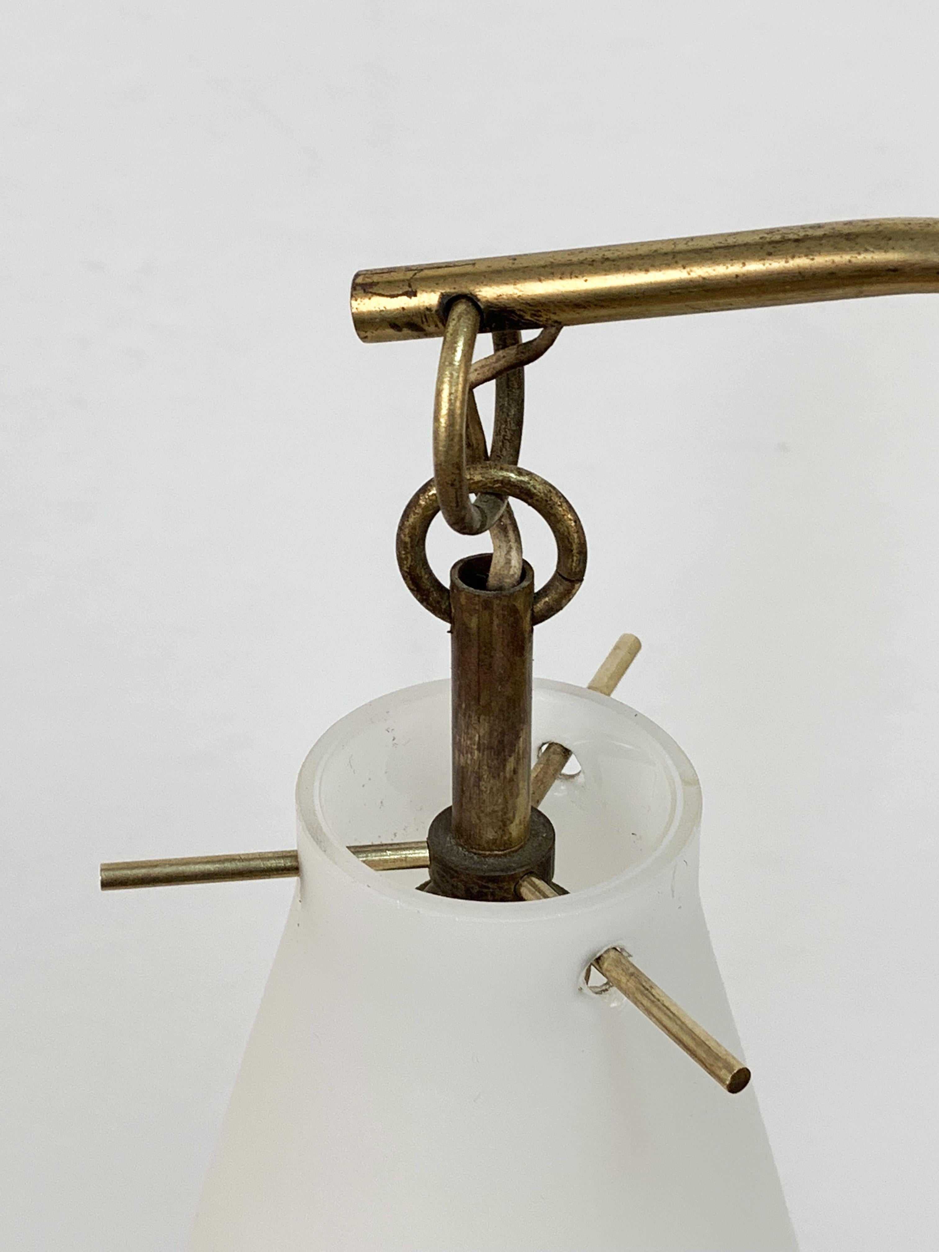Italian Chandelier, Opaline Glass, Brass, 6 Lighting Arms, attrib to Stilnovo For Sale 4