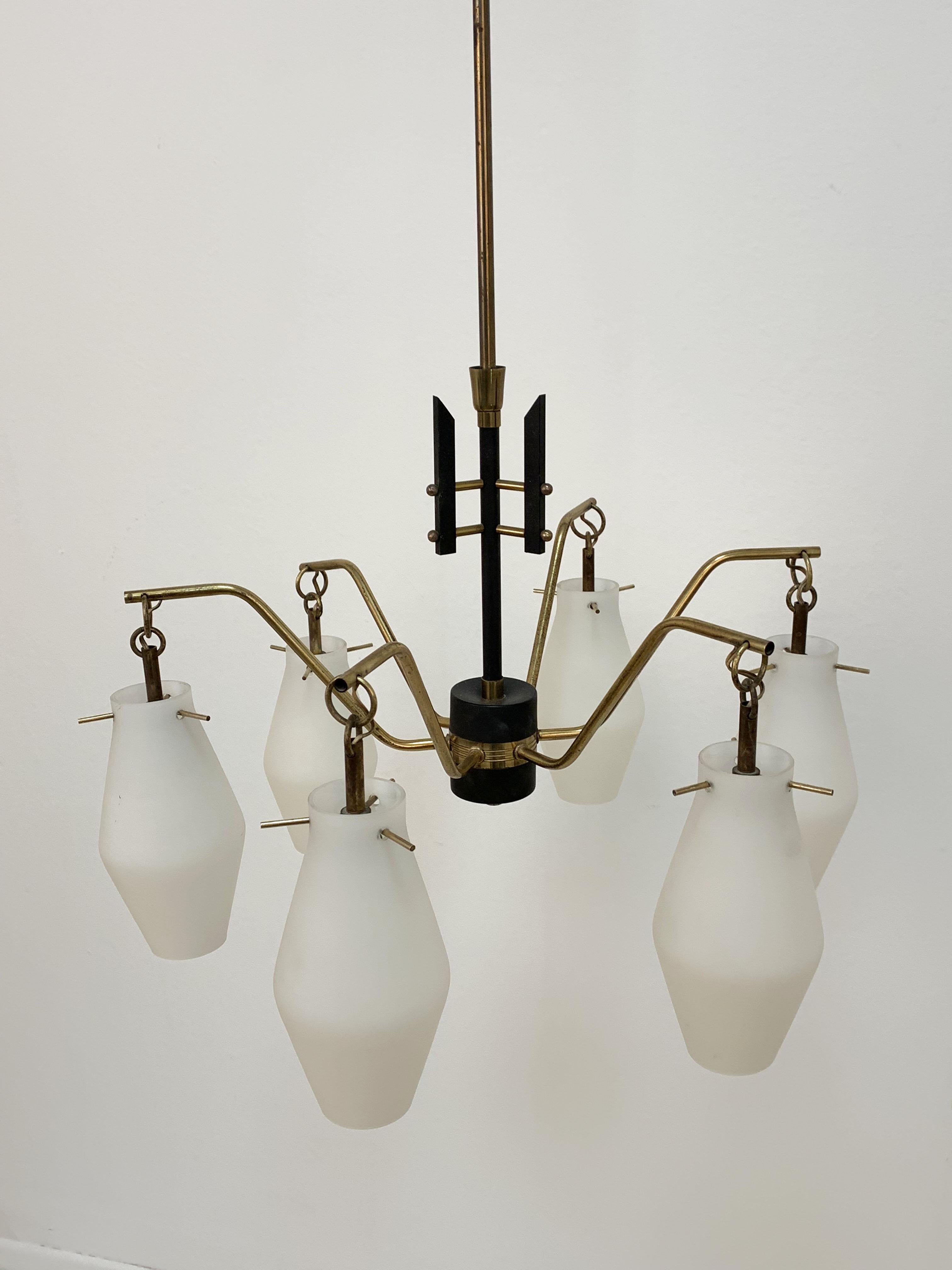 Lacquered Italian Chandelier, Opaline Glass, Brass, 6 Lighting Arms, attrib to Stilnovo For Sale