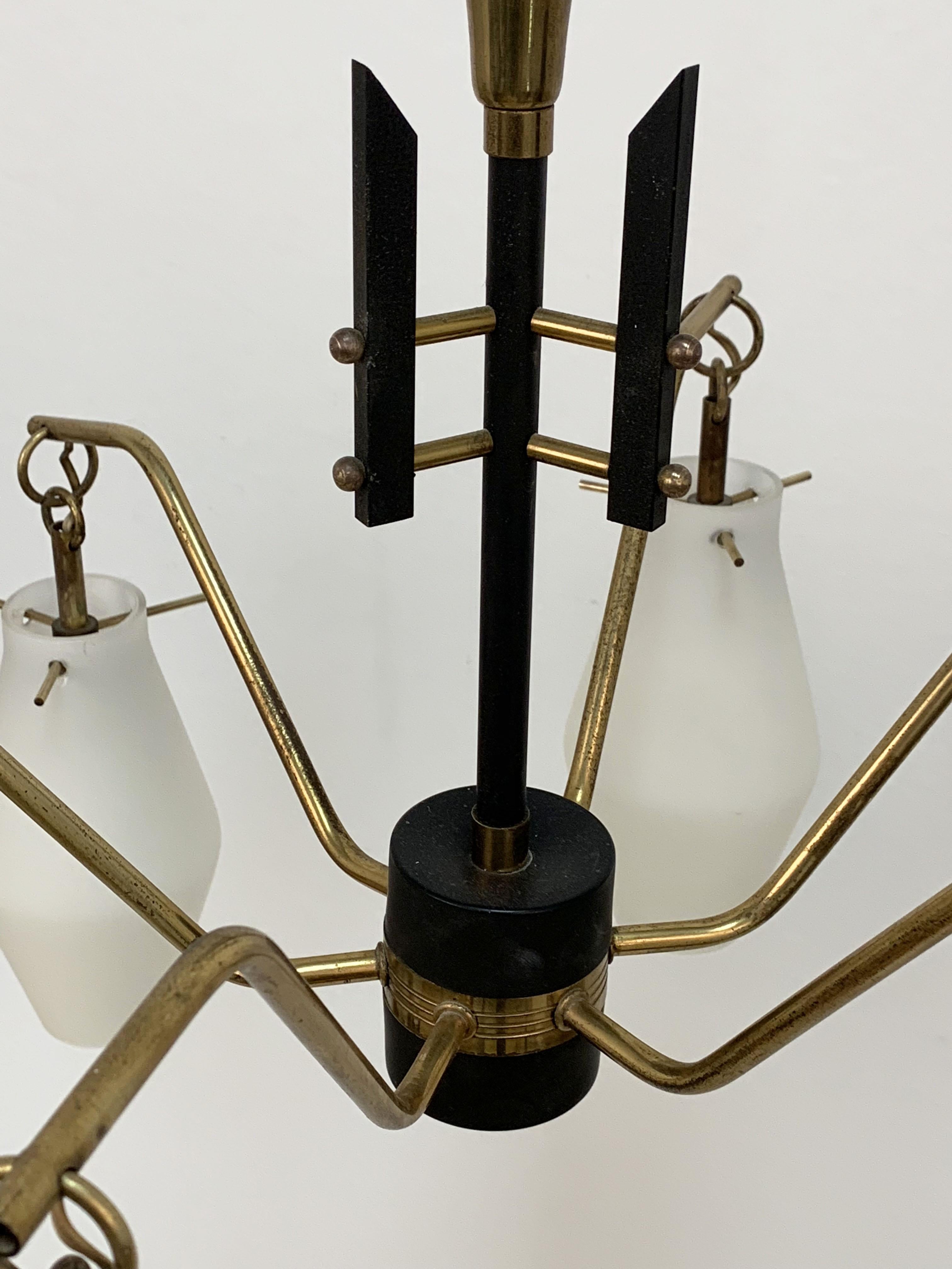 20th Century Italian Chandelier, Opaline Glass, Brass, 6 Lighting Arms, attrib to Stilnovo For Sale