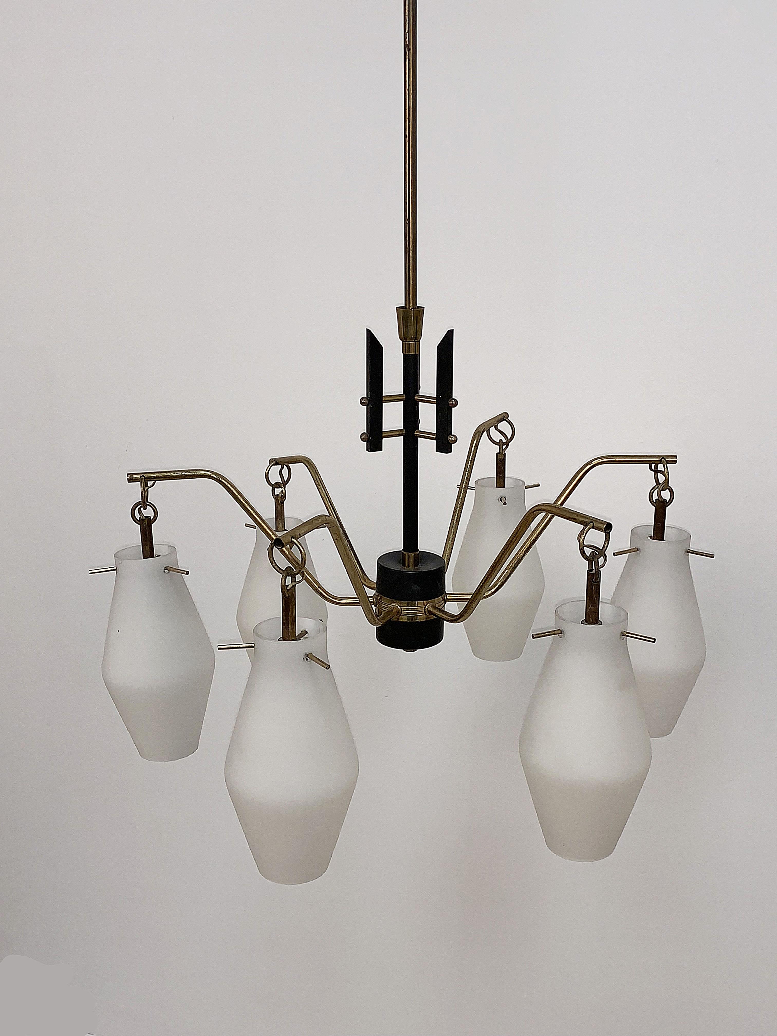 Metal Italian Chandelier, Opaline Glass, Brass, 6 Lighting Arms, attrib to Stilnovo For Sale