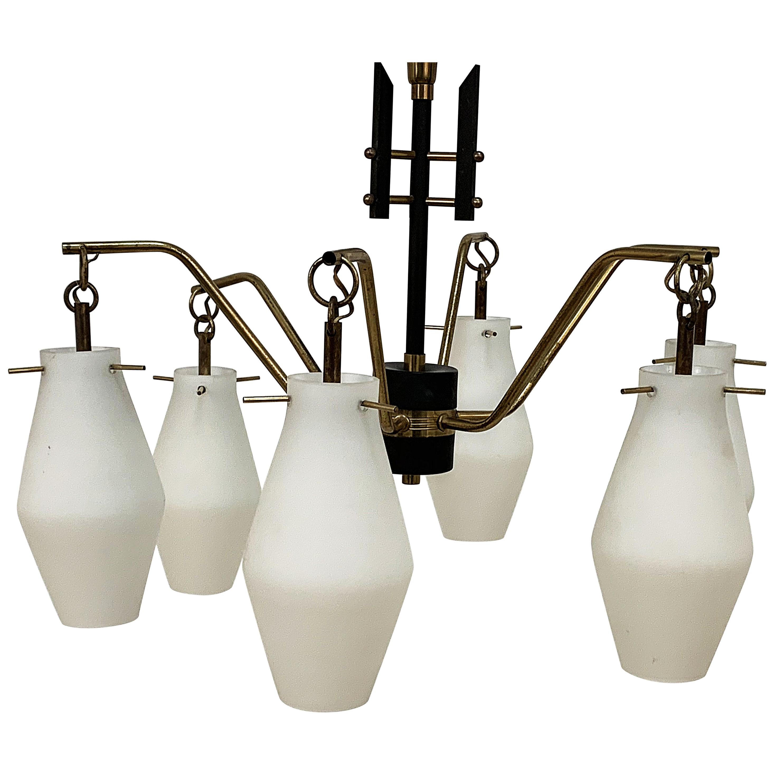 Italian Chandelier, Opaline Glass, Brass, 6 Lighting Arms, attrib to Stilnovo For Sale
