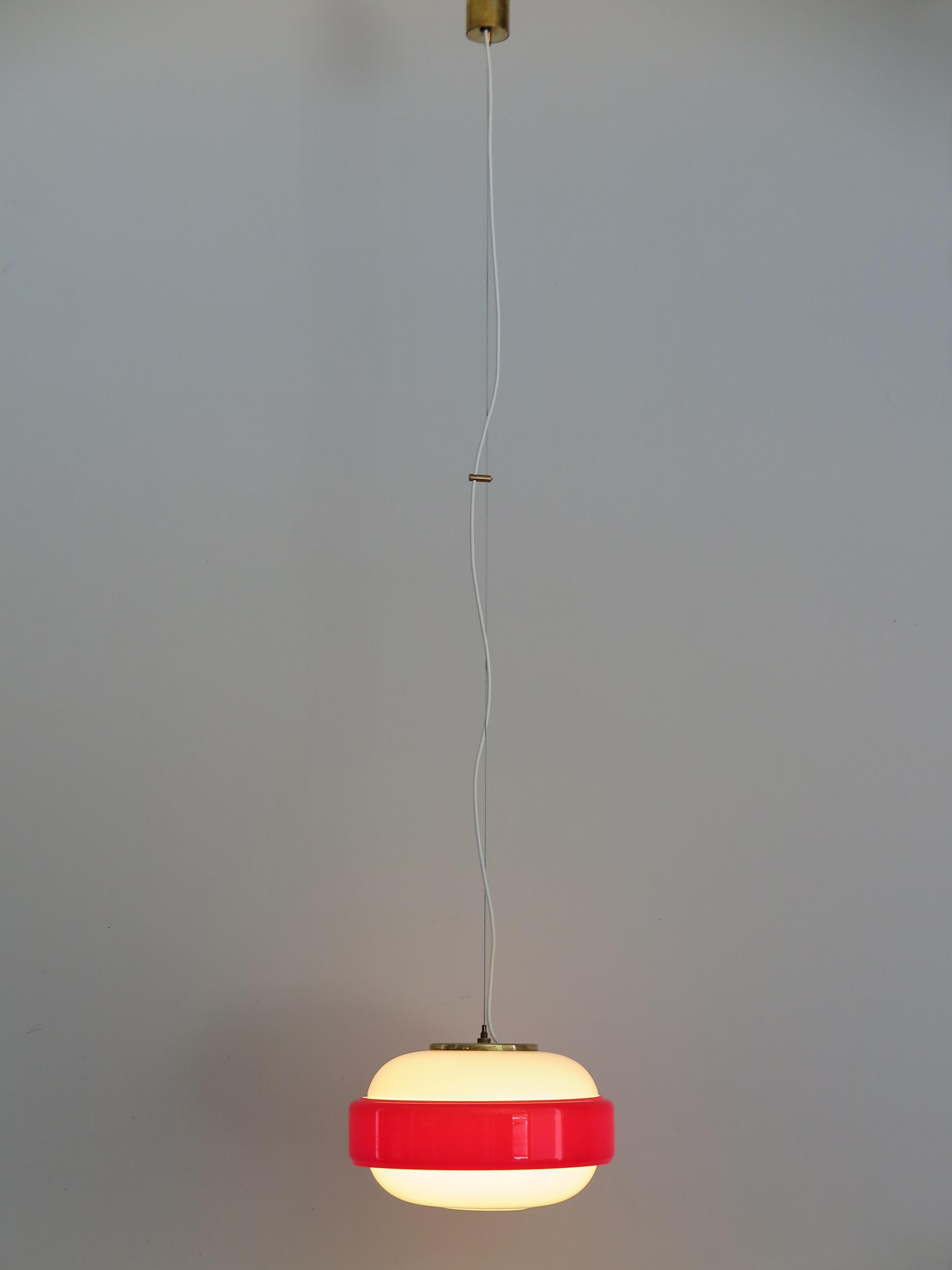 European Stilnovo Italian Mid-Century Modern Brass and Glass Red Pendant Lamp, 1960s