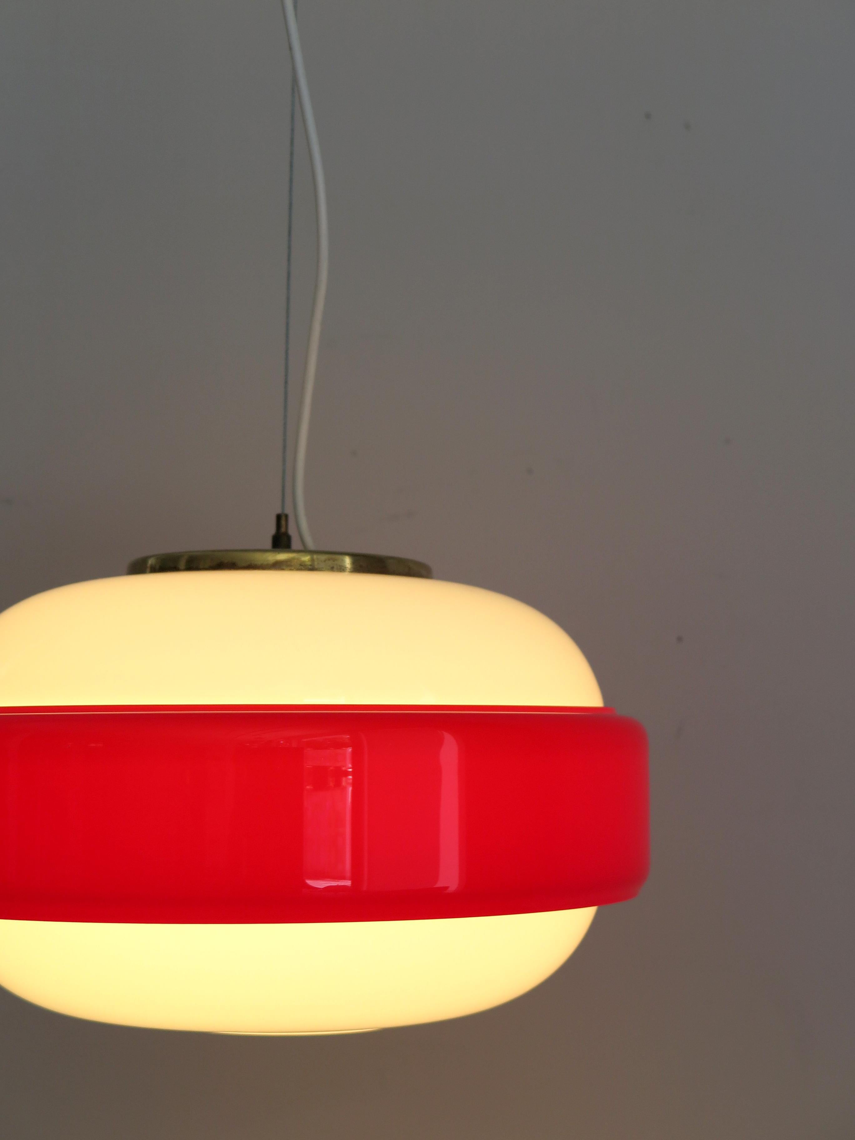 Stilnovo Italian Mid-Century Modern Brass and Glass Red Pendant Lamp, 1960s In Good Condition In Reggio Emilia, IT
