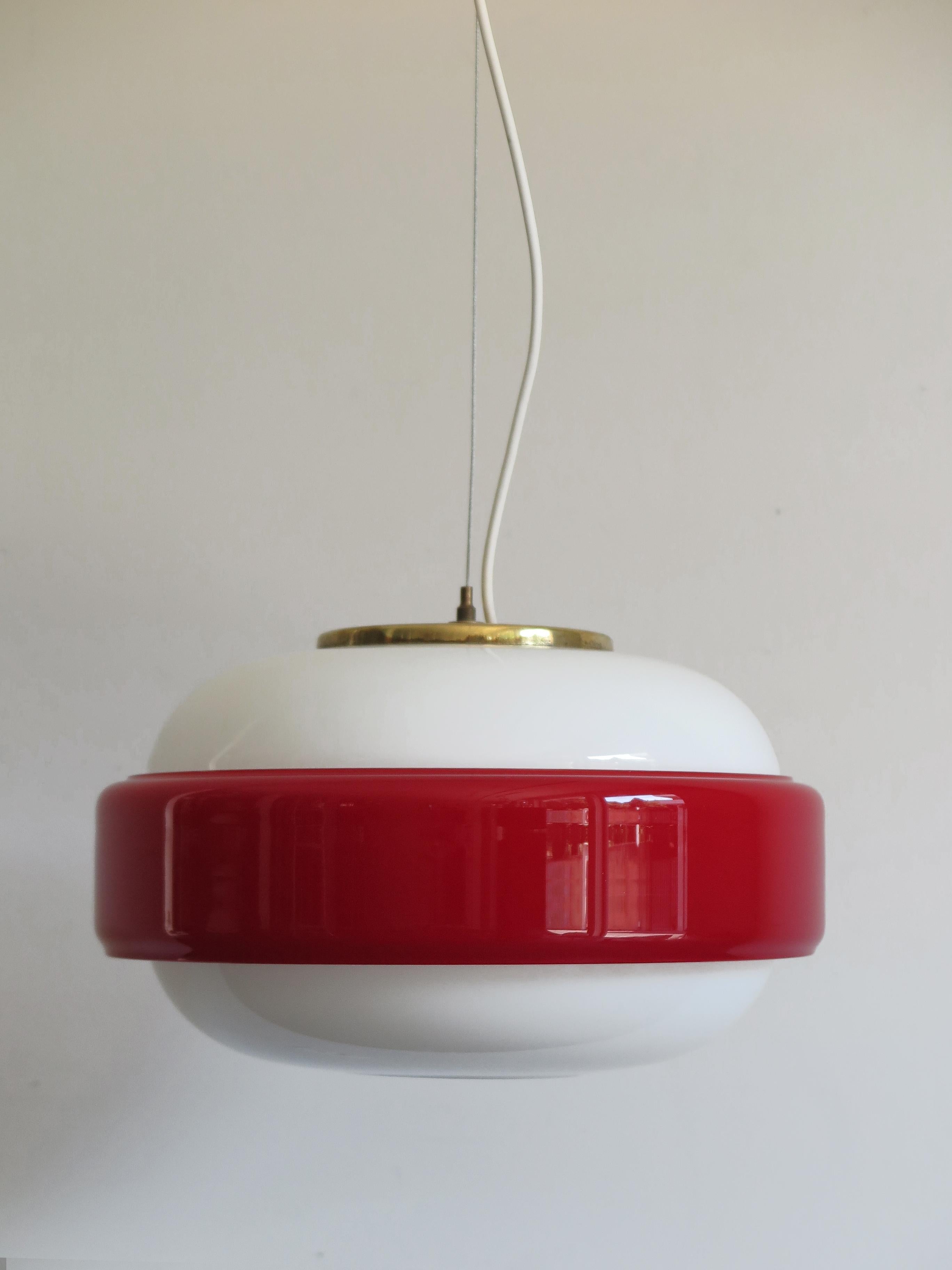 Mid-20th Century Stilnovo Italian Mid-Century Modern Brass and Glass Red Pendant Lamp, 1960s