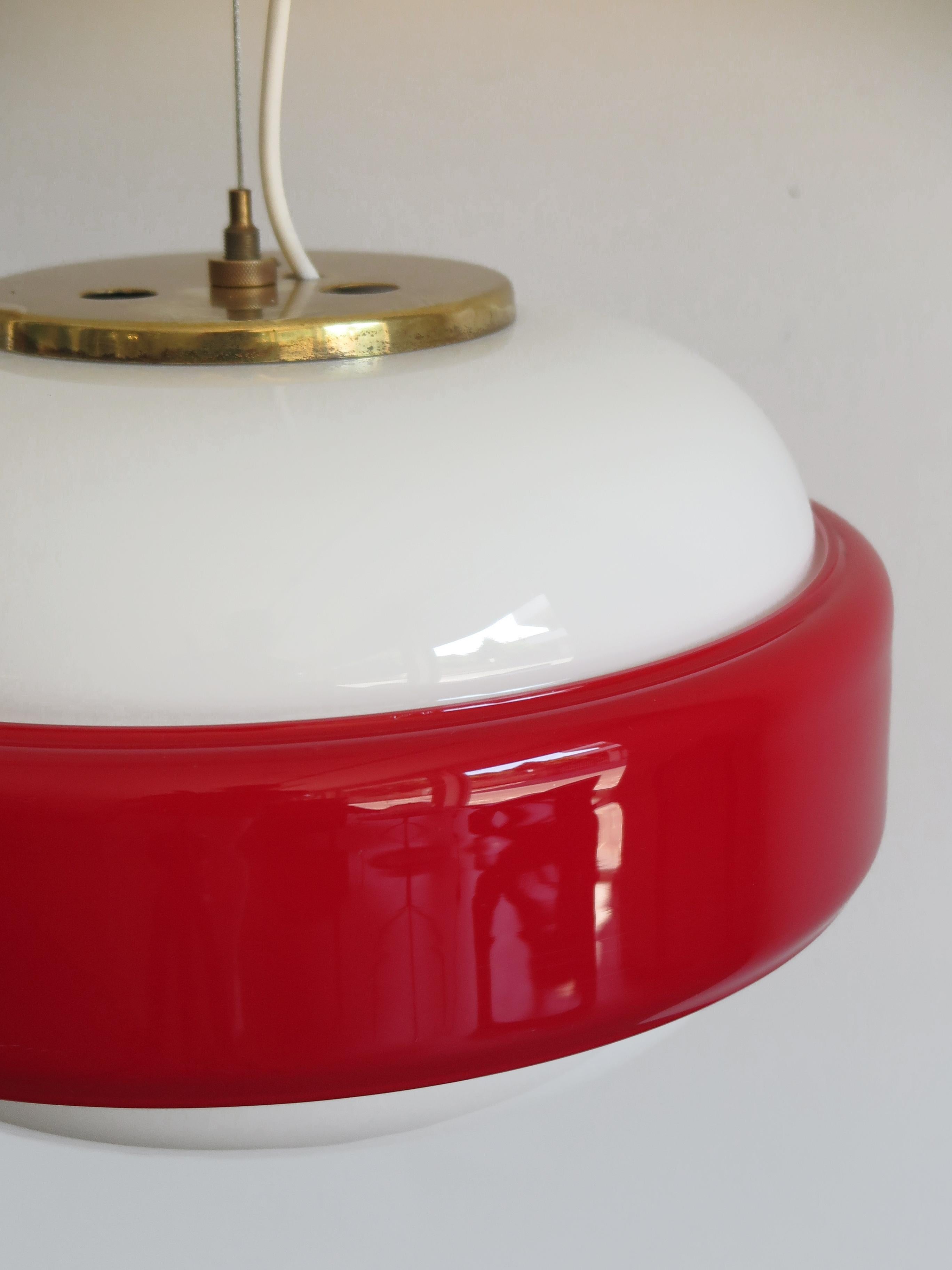 Stilnovo Italian Mid-Century Modern Brass and Glass Red Pendant Lamp, 1960s 1