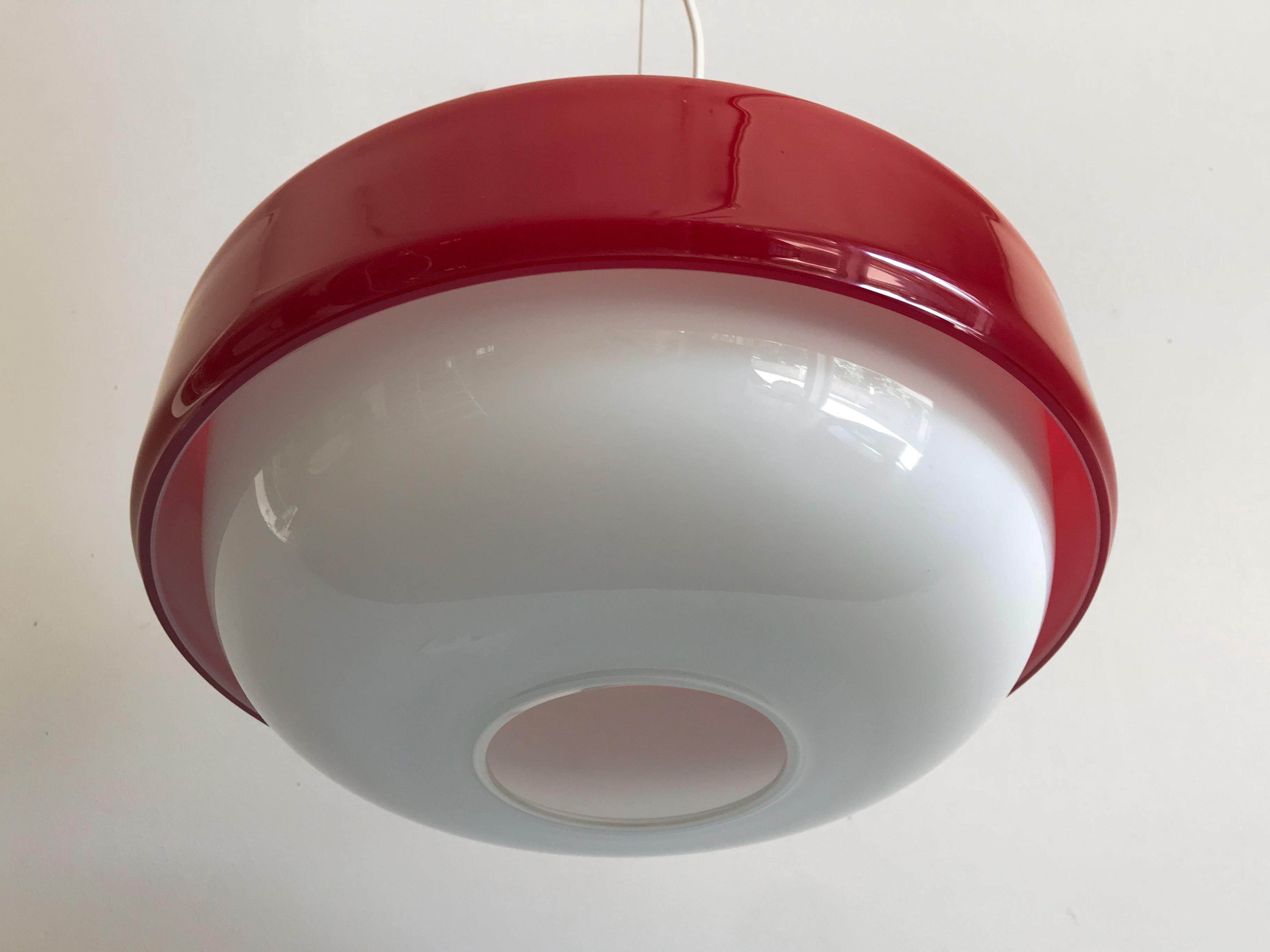 Stilnovo Italian Mid-Century Modern Brass and Glass Red Pendant Lamp, 1960s 2