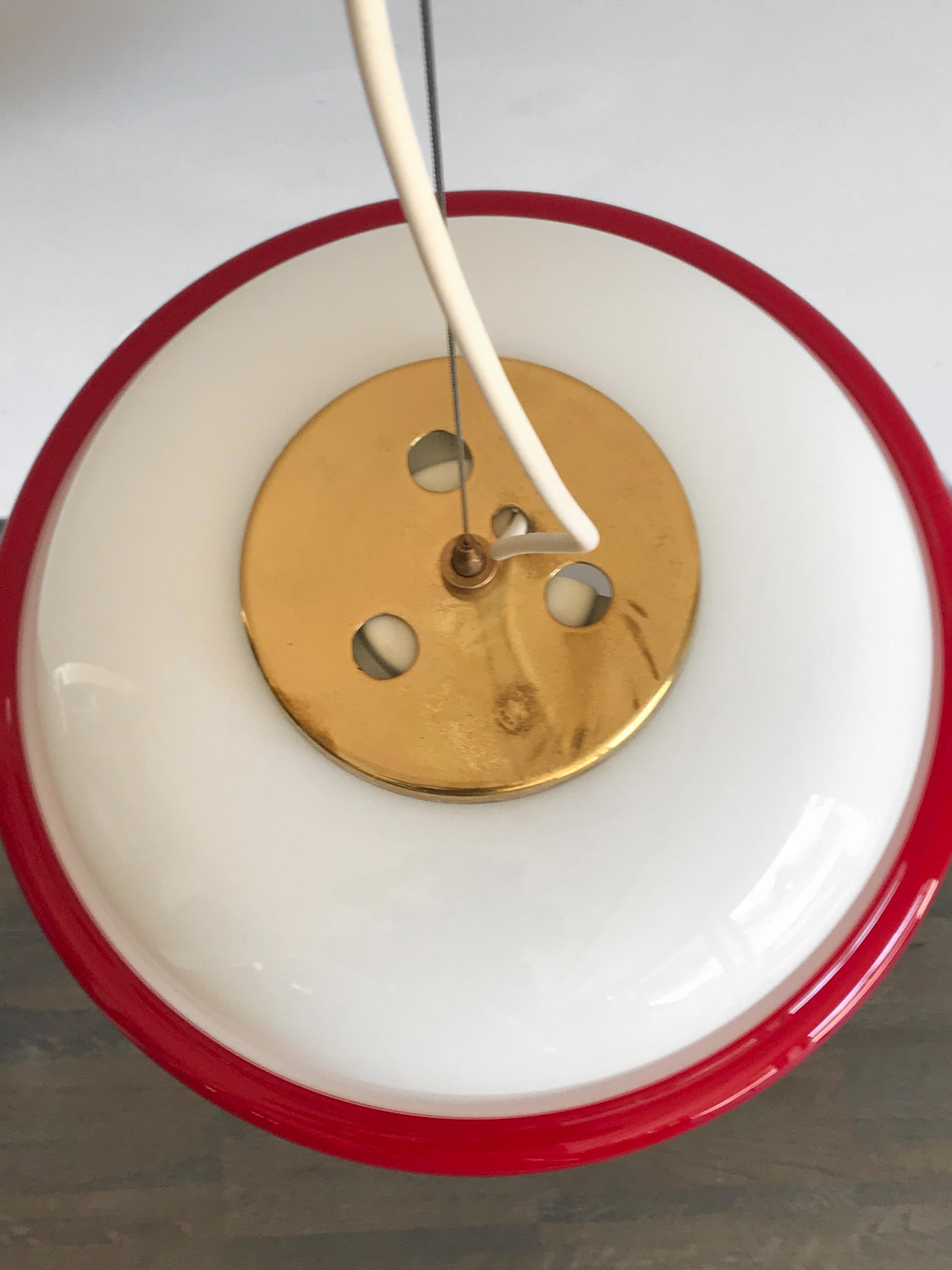 Stilnovo Italian Mid-Century Modern Brass and Glass Red Pendant Lamp, 1960s 3