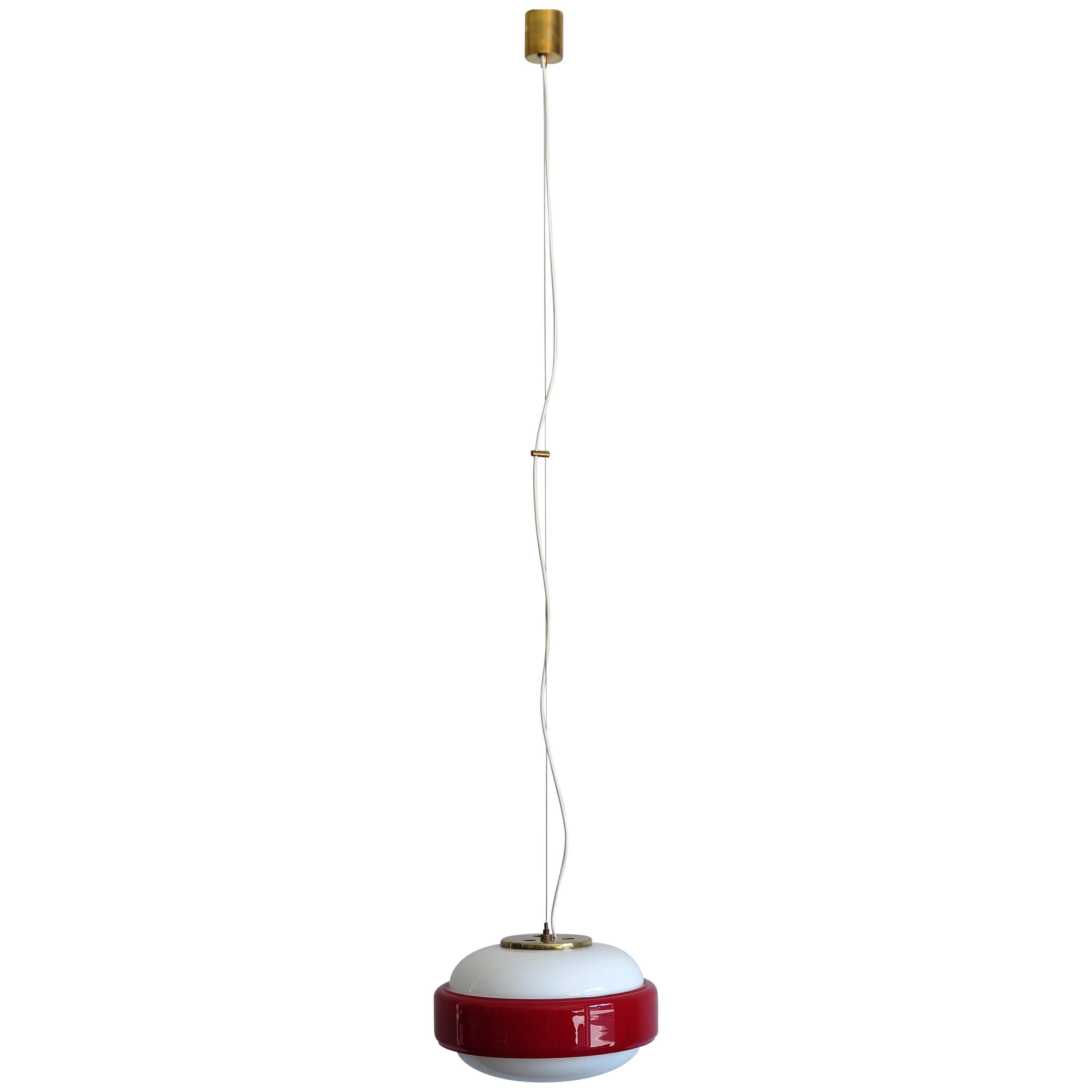 Stilnovo Italian Mid-Century Modern Brass and Glass Red Pendant Lamp, 1960s