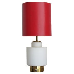 Retro Stilnovo Italian Mid-Century Modern Design Red Glass Brass Table Lamp, 1950s