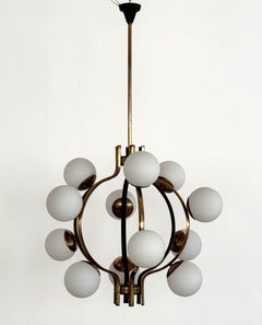 Stilnovo Italian Midcentury Chandelier, Brass & Opaline Glass, 1950s