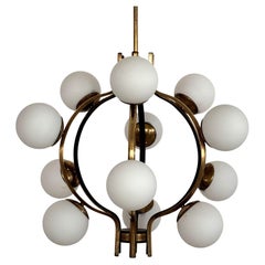 Stilnovo Italian Midcentury Brass and Opaline Glass Chandelier, 1950s