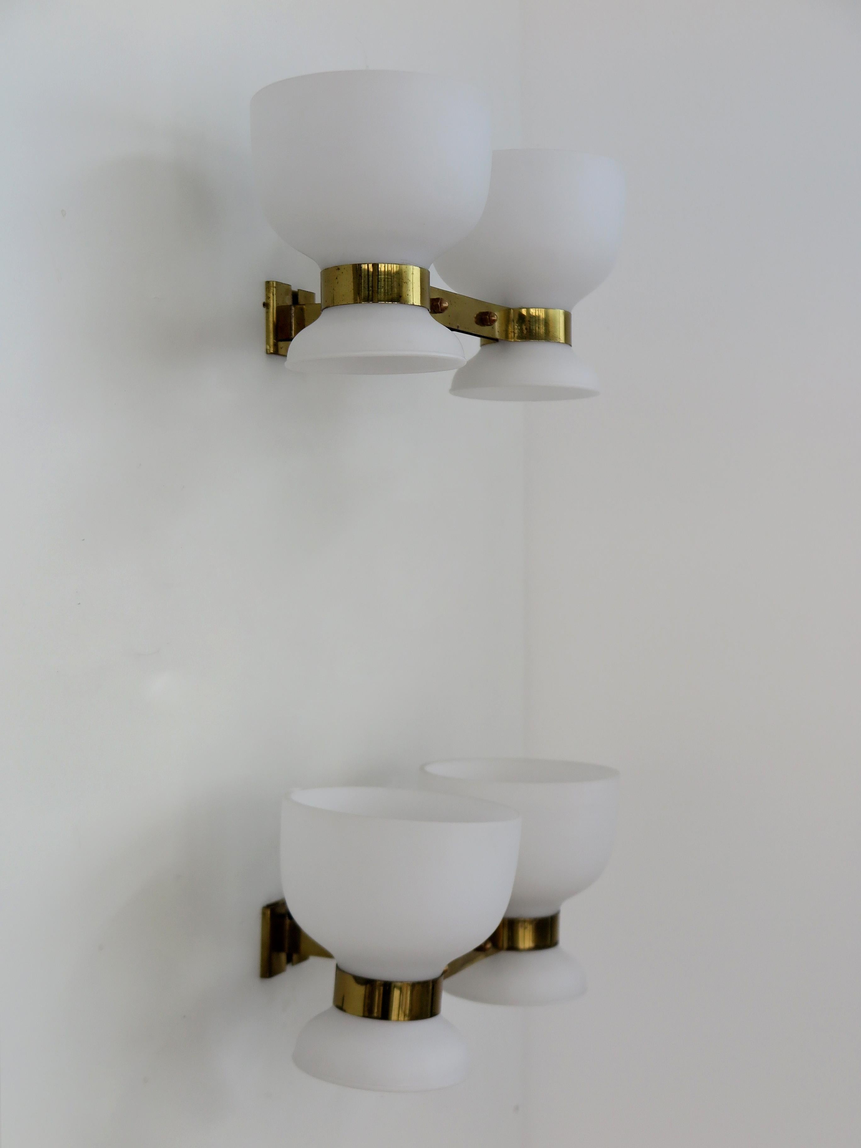 Mid-20th Century Stilnovo Italian Midcentury Modern Design Brass Glass Sconces Wall Lights 1950s For Sale