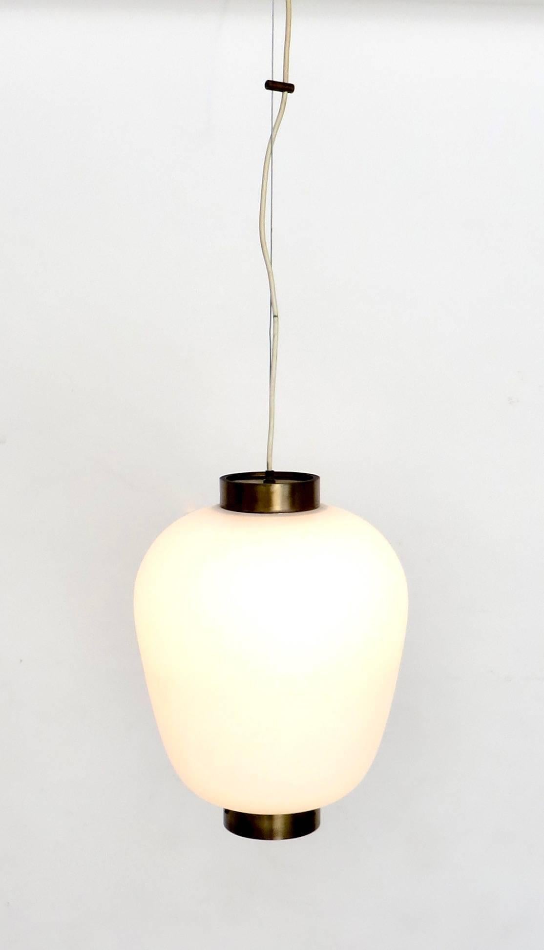 Stilnovo Italian Pendant Light Fixture with Brushed Opaque Glass Diffuser In Excellent Condition In Chicago, IL