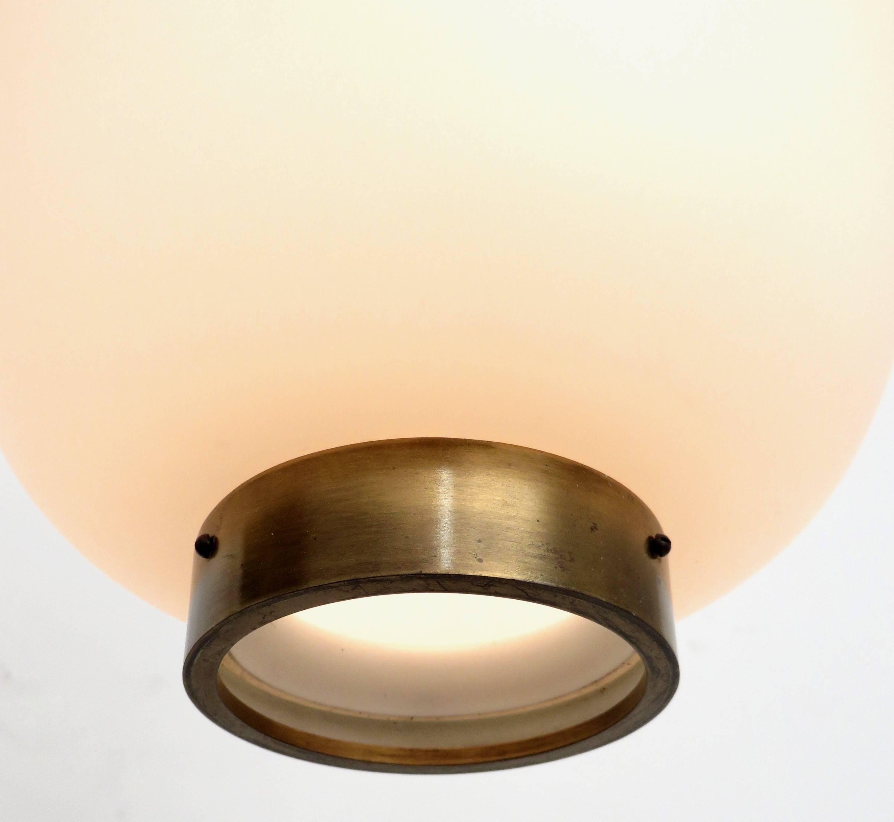 Brass Stilnovo Italian Pendant Light Fixture with Brushed Opaque Glass Diffuser