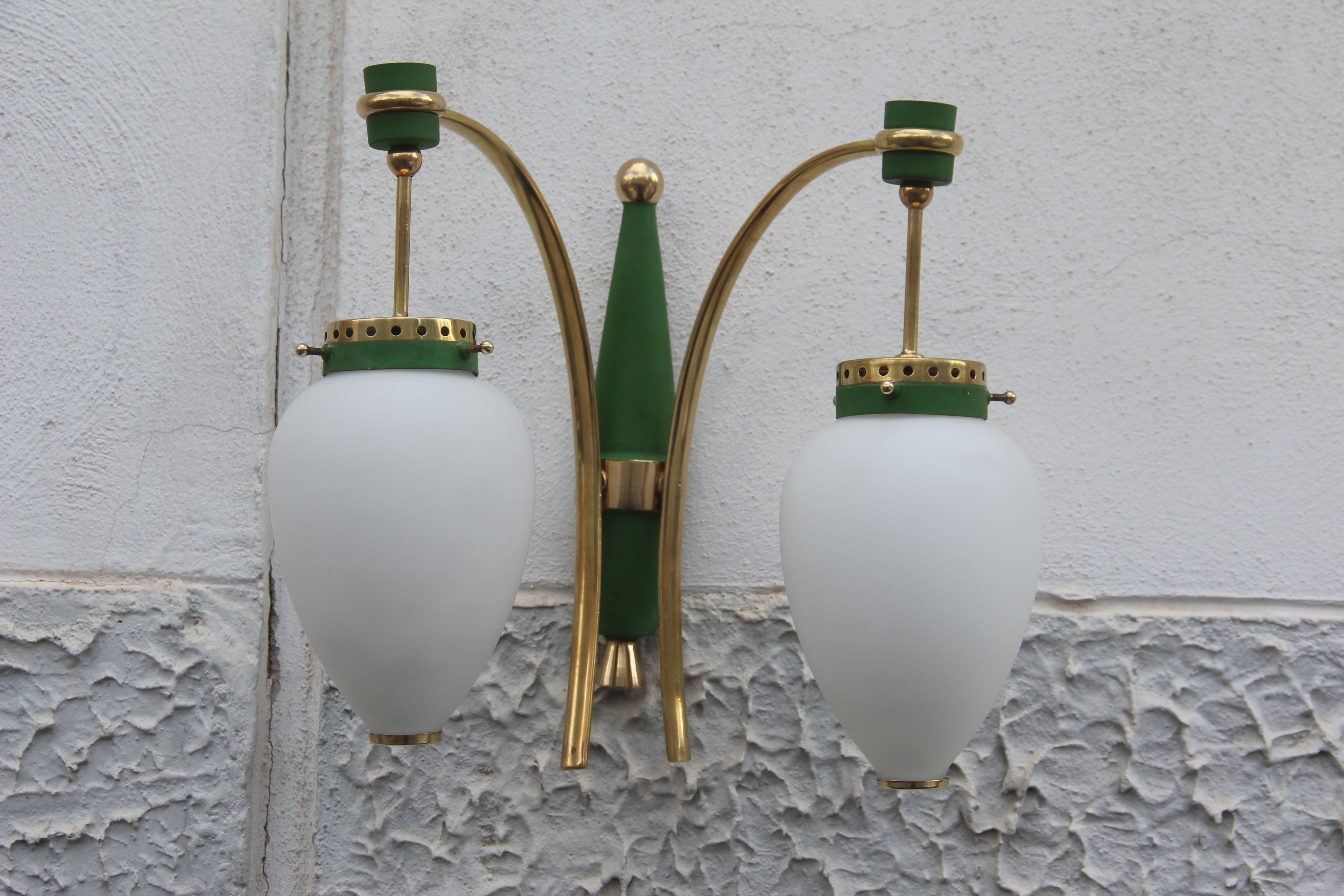 Stilnovo Style White Glass Green and Golden Brass Italian Sconces, 1958 For Sale 5