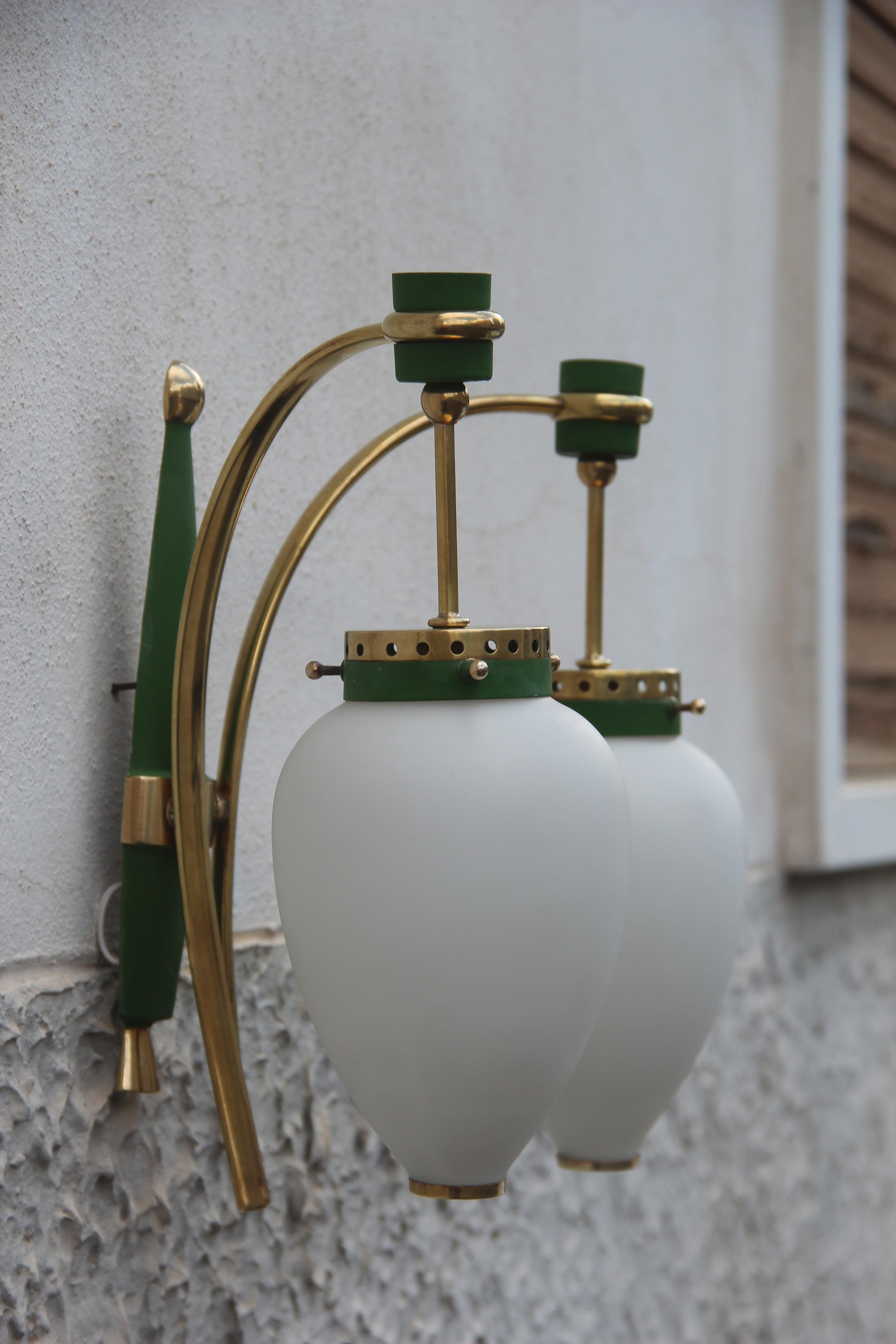 Stilnovo Style White Glass Green and Golden Brass Italian Sconces, 1958 For Sale 6