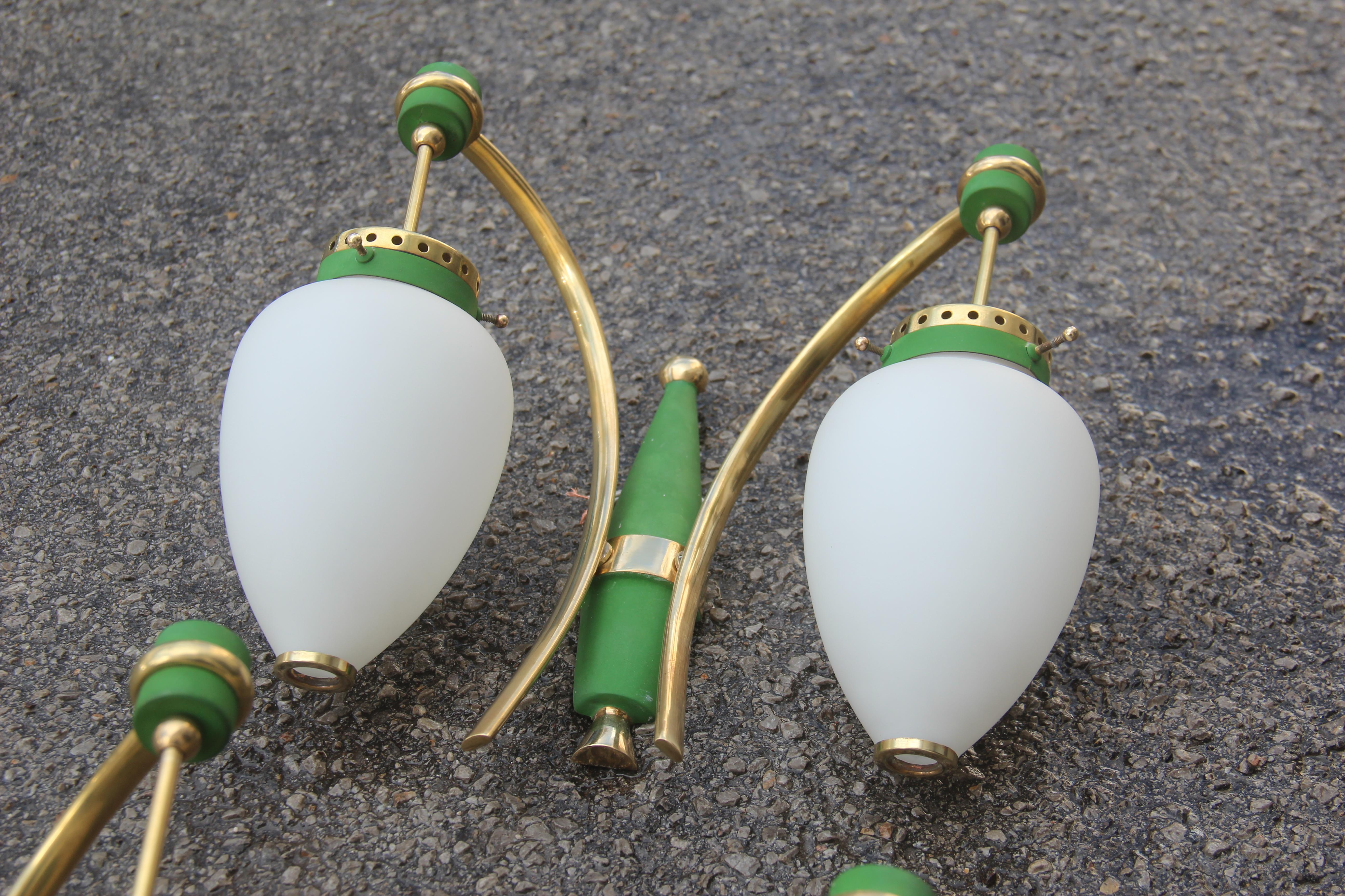 Stilnovo Style White Glass Green and Golden Brass Italian Sconces, 1958 For Sale 7