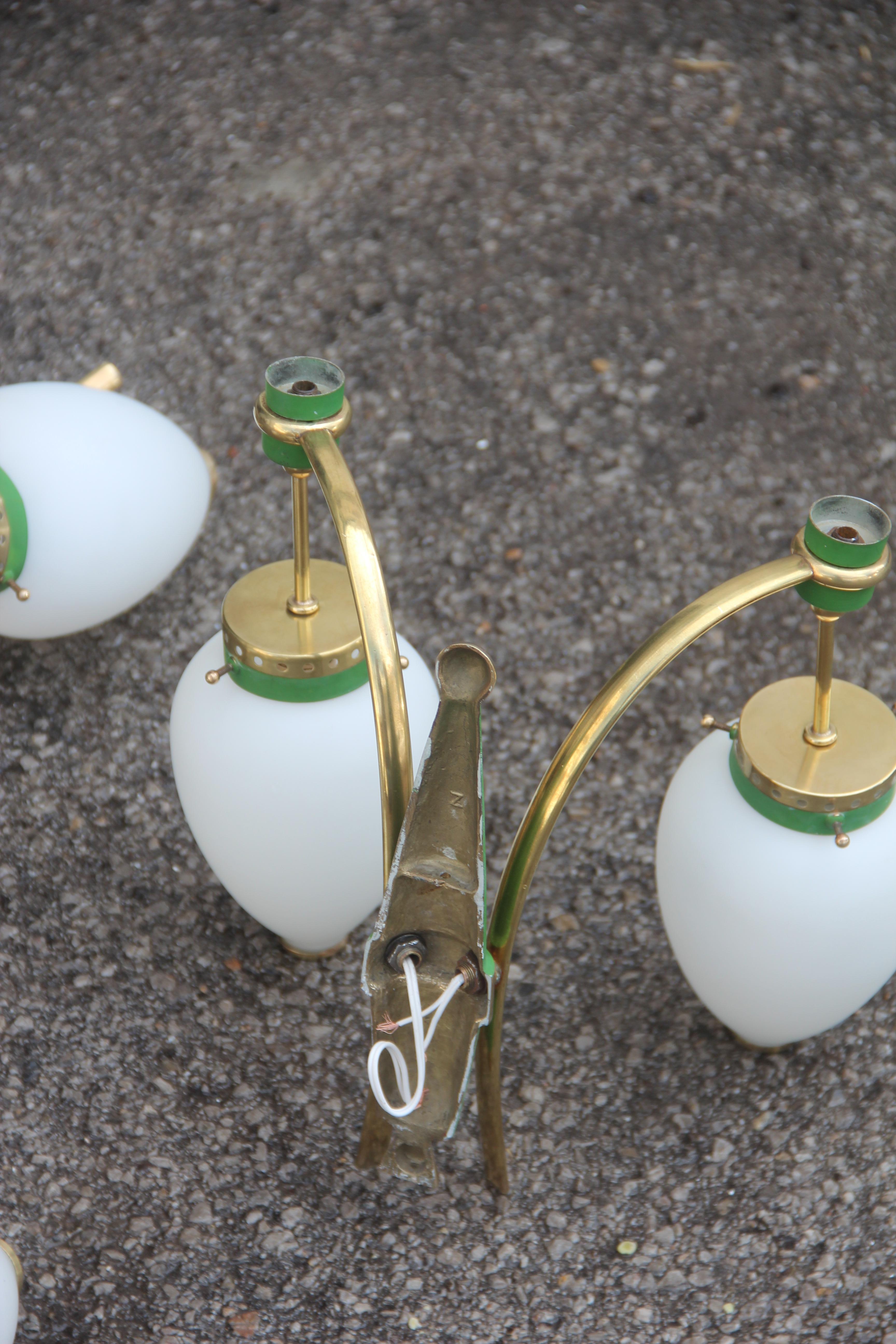 Stilnovo Style White Glass Green and Golden Brass Italian Sconces, 1958 For Sale 11