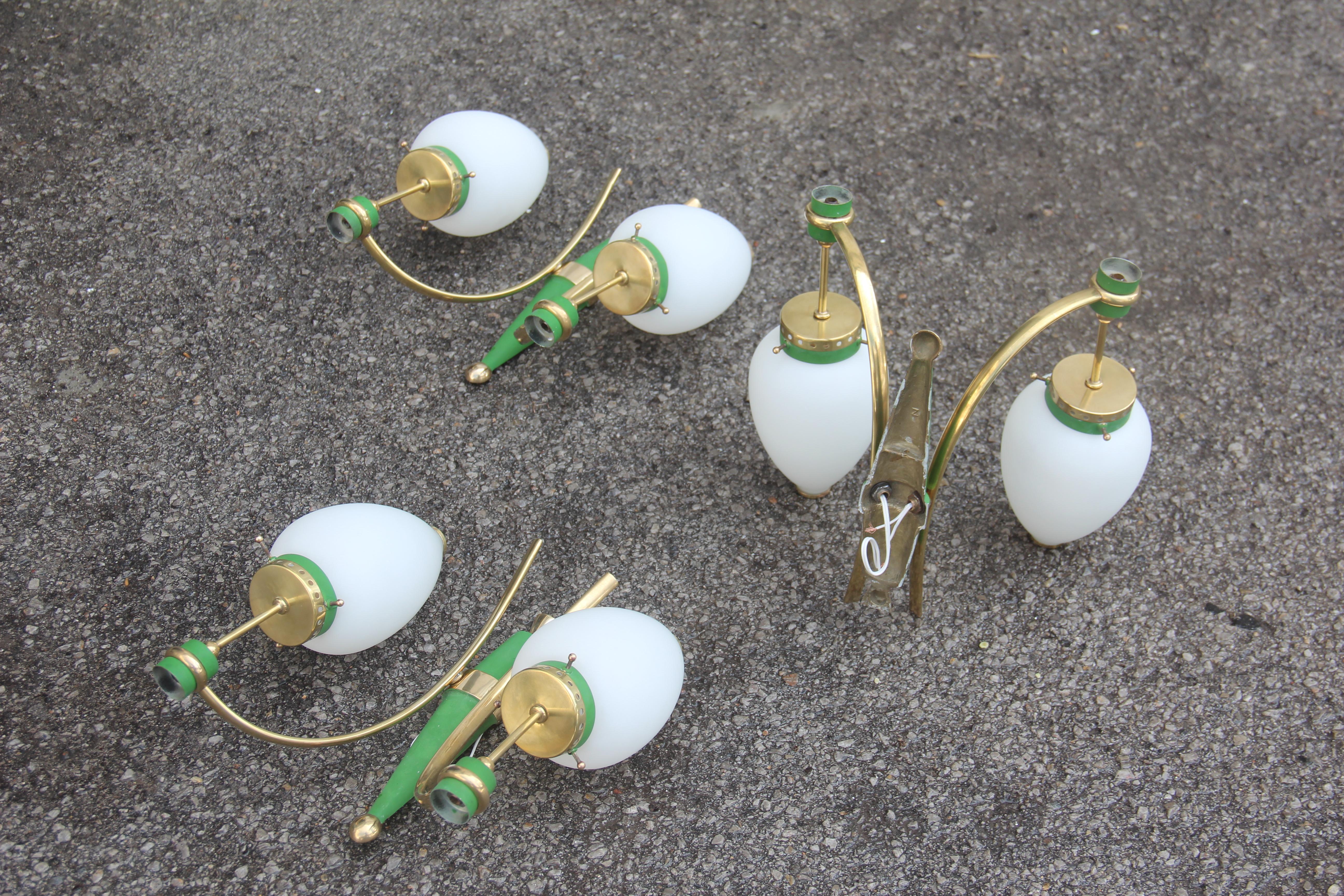 Stilnovo Style White Glass Green and Golden Brass Italian Sconces, 1958 For Sale 12