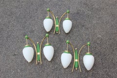 Stilnovo Style White Glass Green and Golden Brass Italian Sconces, 1958