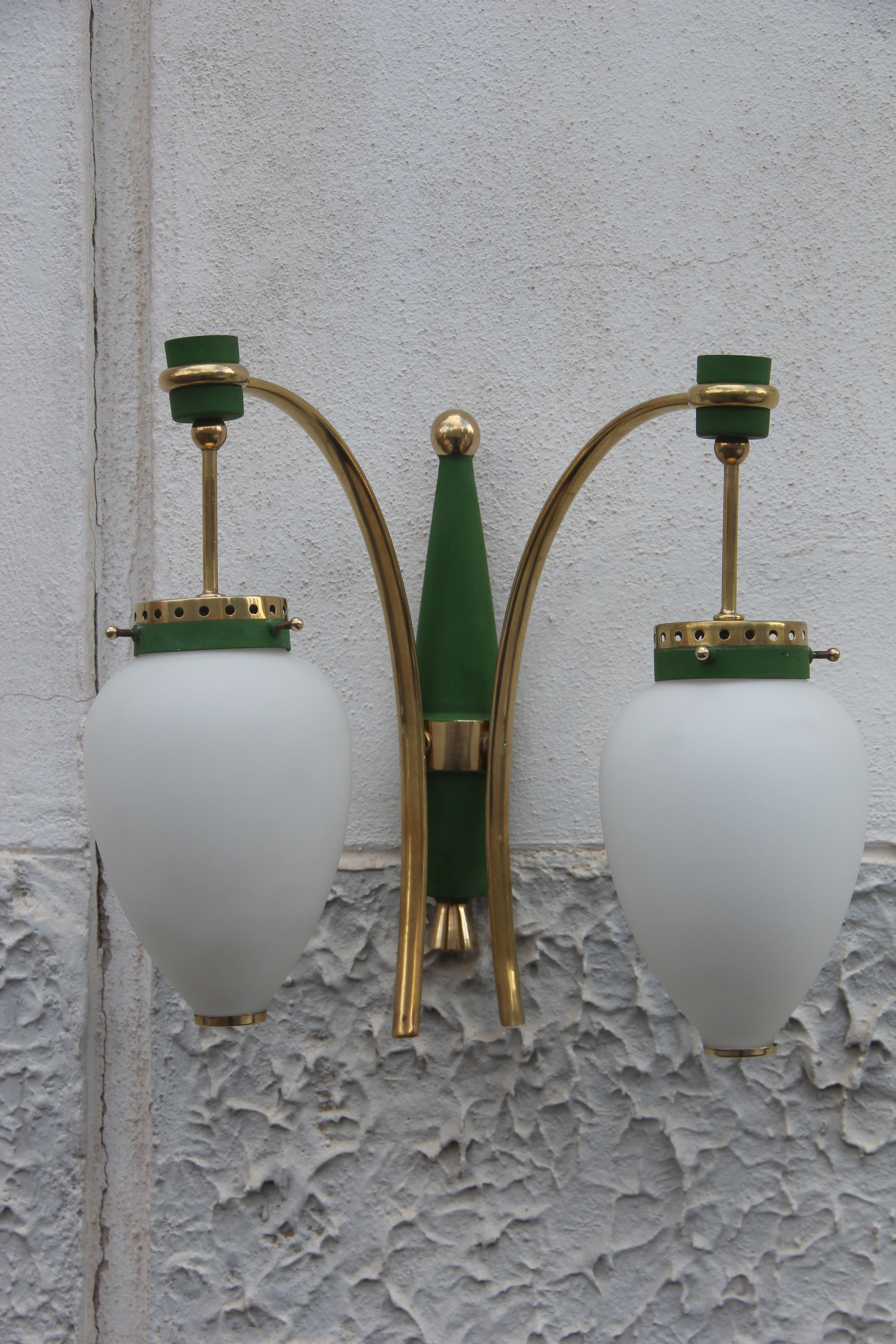 Mid-Century Modern Stilnovo Style White Glass Green and Golden Brass Italian Sconces, 1958 For Sale