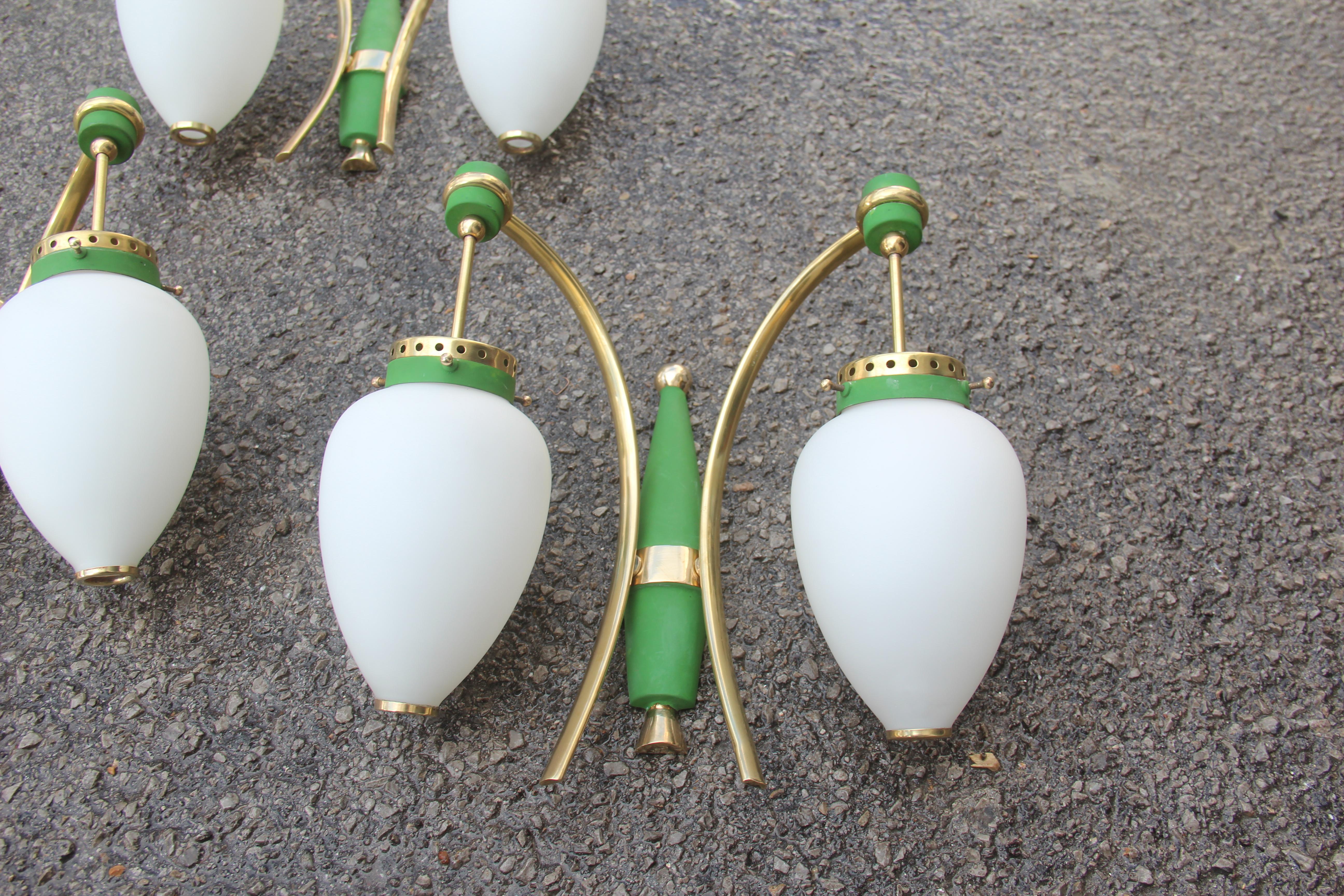 Stilnovo Style White Glass Green and Golden Brass Italian Sconces, 1958 For Sale 1