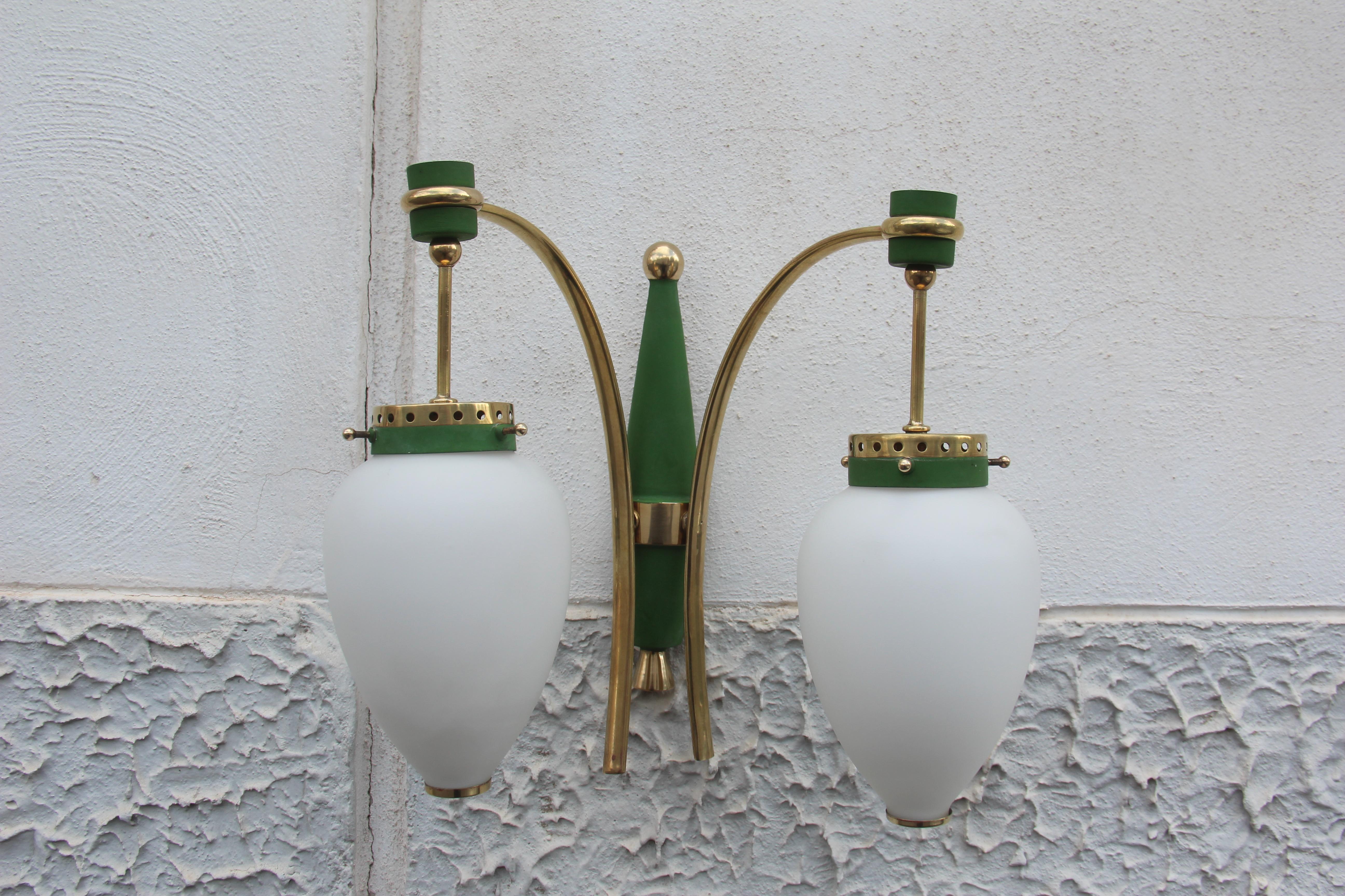 Stilnovo Style White Glass Green and Golden Brass Italian Sconces, 1958 For Sale 2