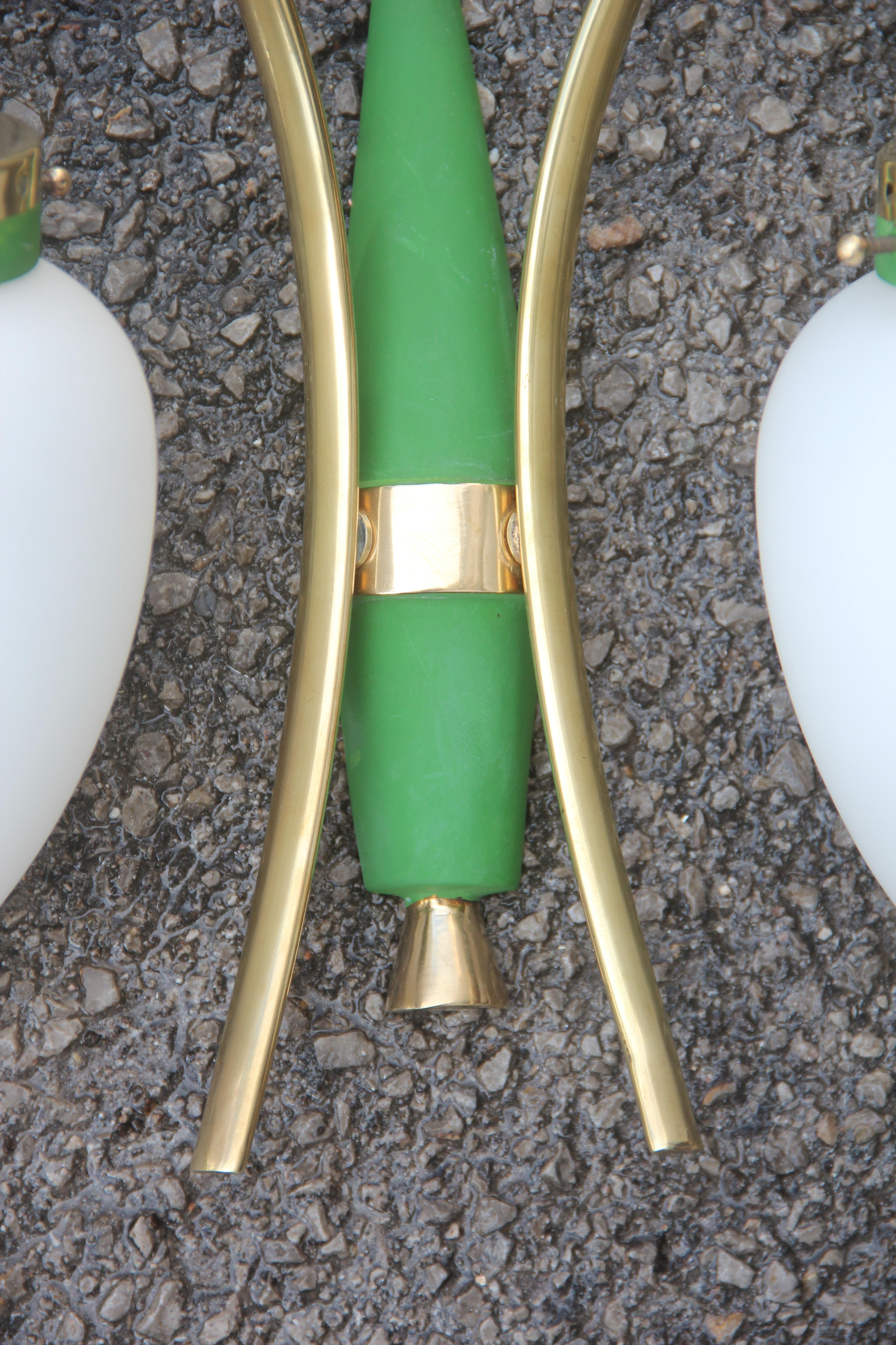 Stilnovo Style White Glass Green and Golden Brass Italian Sconces, 1958 For Sale 3