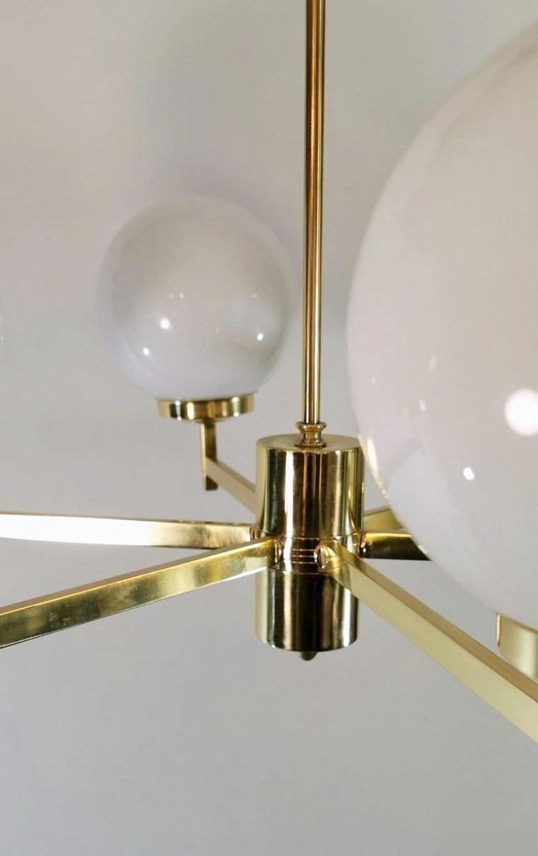 Stilnovo Italian Vintage Brass Chandelier Opaline Glass Spheres For Sale 3