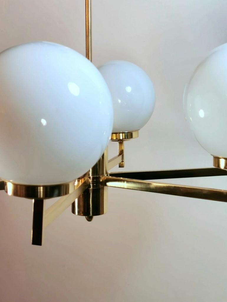 Stilnovo Italian Vintage Brass Chandelier Opaline Glass Spheres For Sale 8
