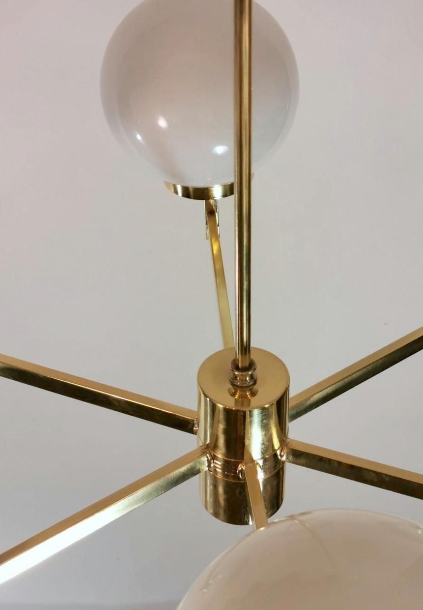 Stilnovo Italian Vintage Brass Chandelier Opaline Glass Spheres For Sale 11