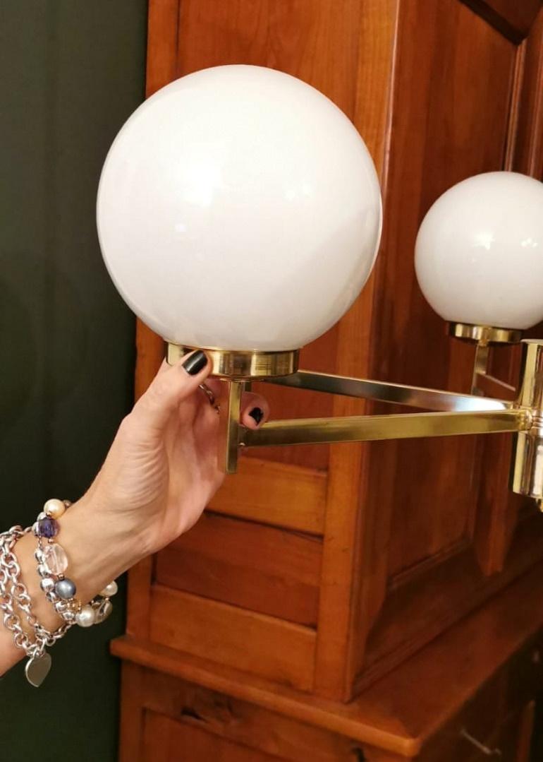 Stilnovo Italian Vintage Brass Chandelier Opaline Glass Spheres For Sale 14