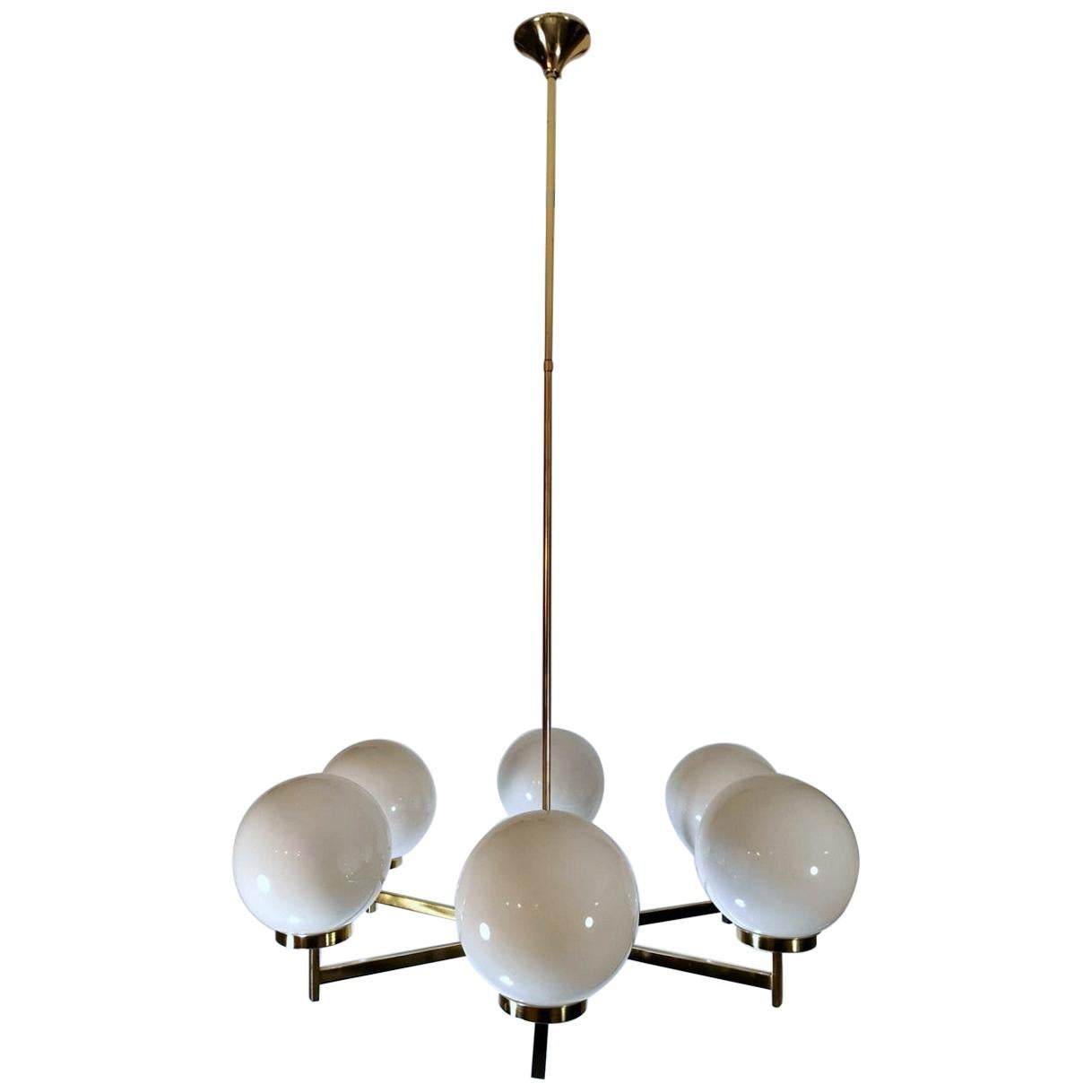 Stilnovo Italian Vintage Brass Chandelier Opaline Glass Spheres For Sale