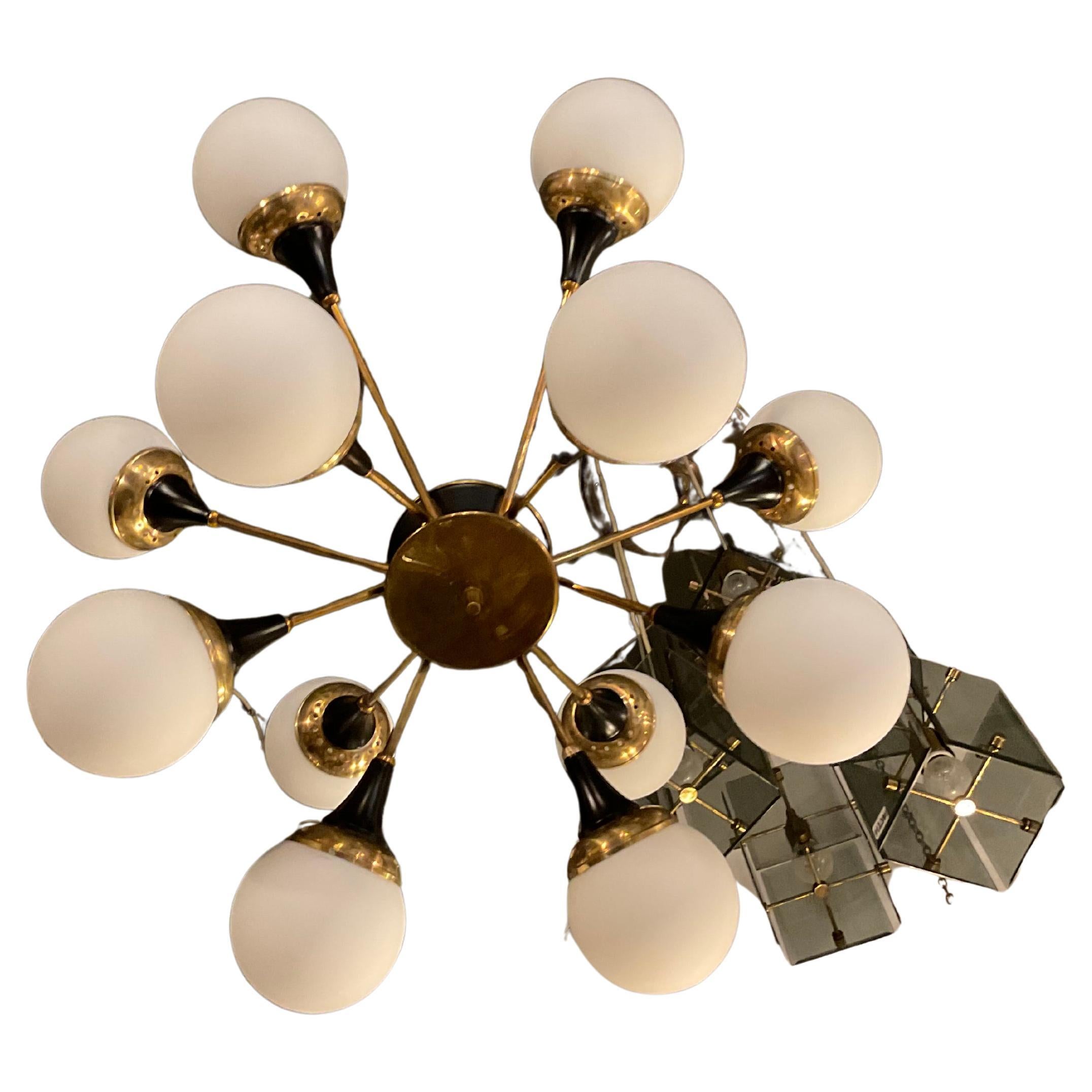STILNOVO CHANDELIER brass Metal glass 1955 ITALY