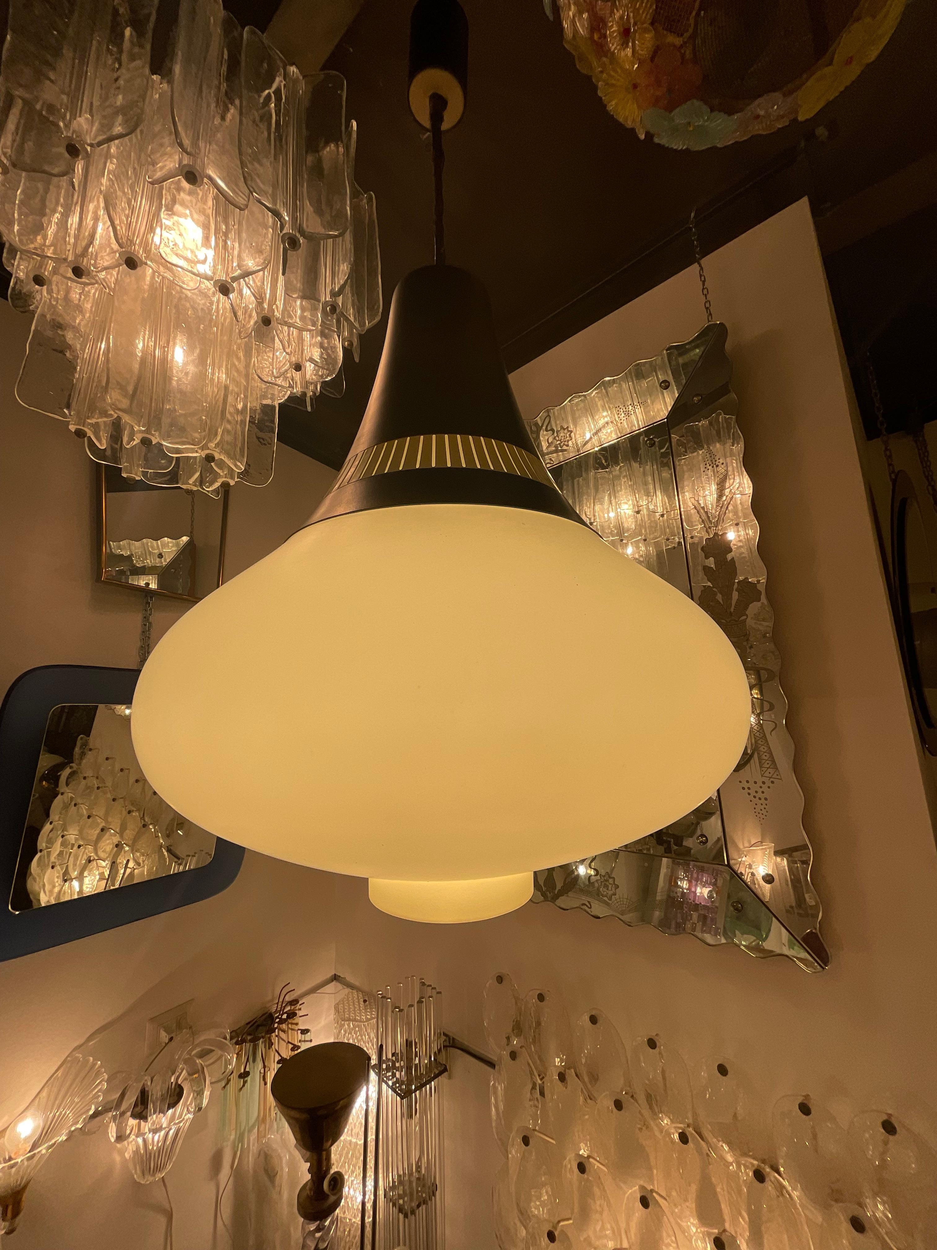 Mid-Century Modern STILNOVO - 60's chandelier - 3 stratus opaline glass - Made in ITALI For Sale