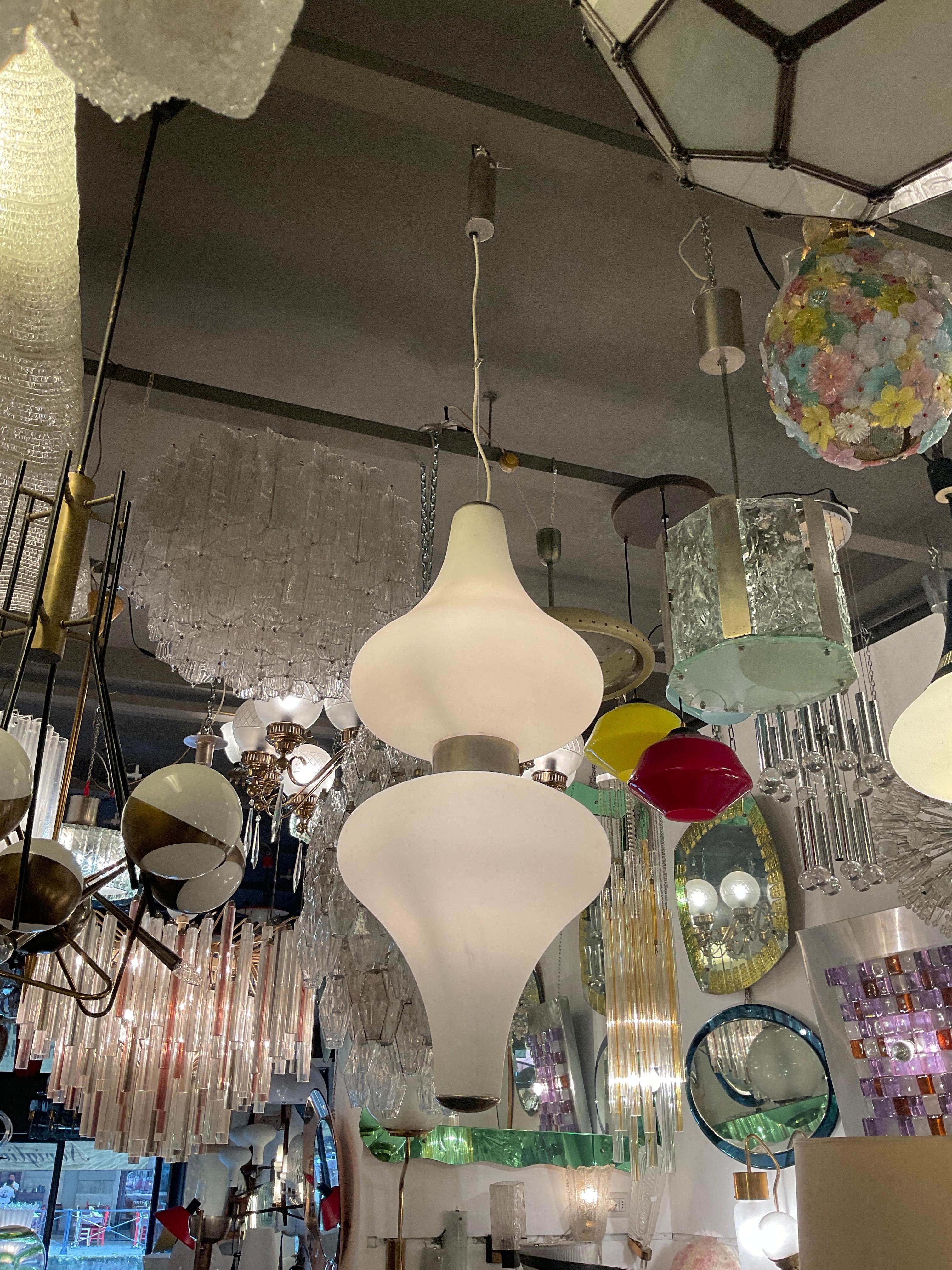 Stilnovo Chandelier Metal Crome Opaline Glass 1950 Italy For Sale 4