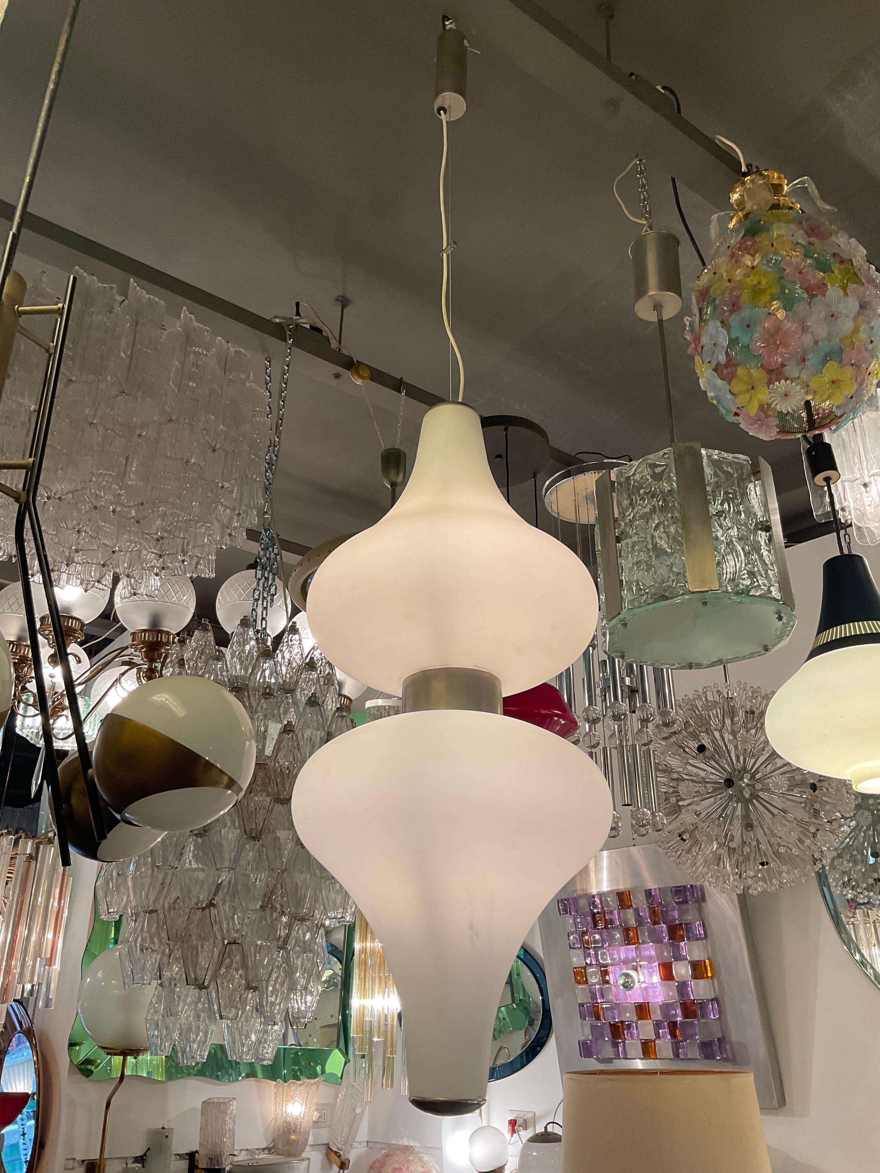 Stilnovo Chandelier Metal Crome Opaline Glass 1950 Italy For Sale 5