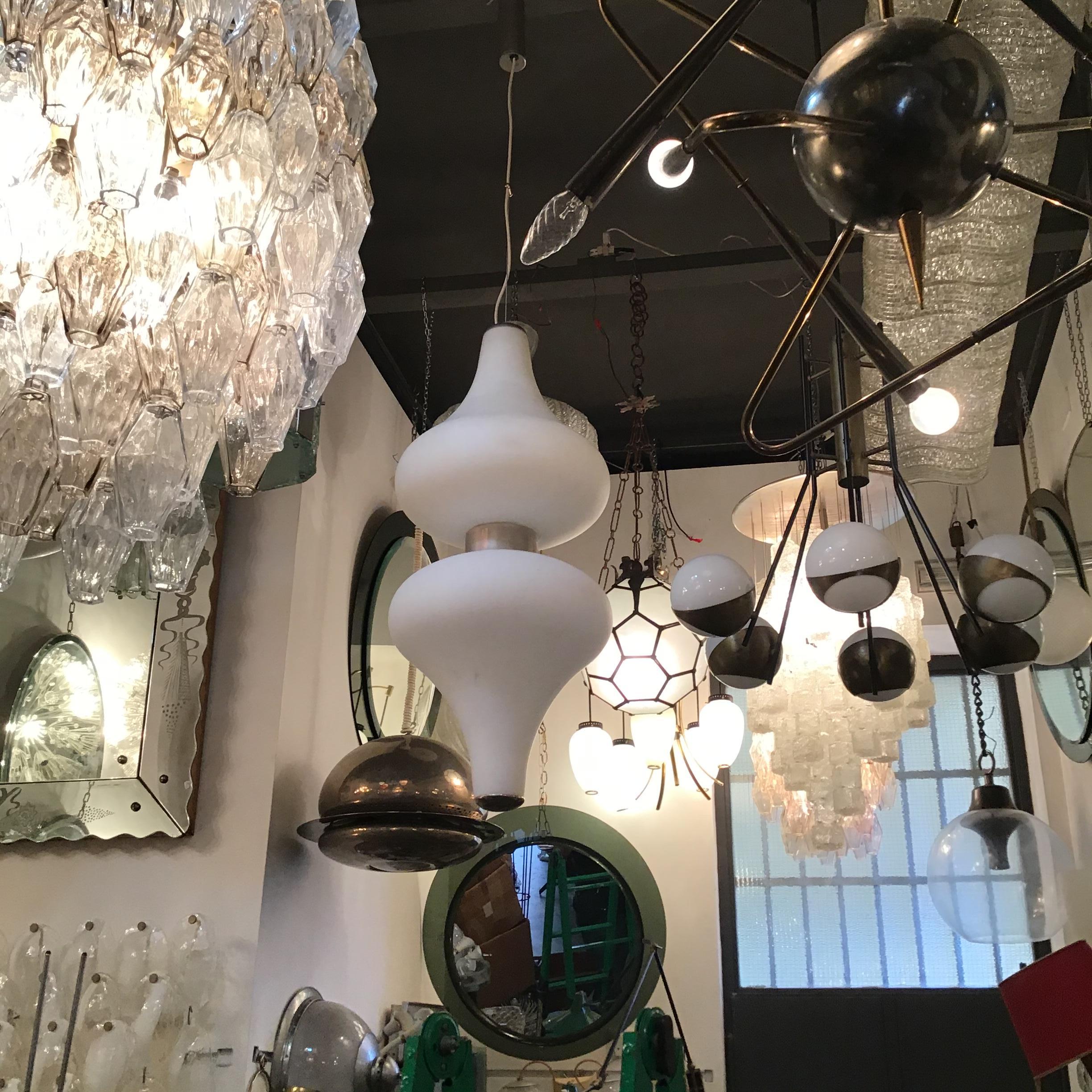 Mid-Century Modern Stilnovo Chandelier Metal Crome Opaline Glass 1950 Italy For Sale