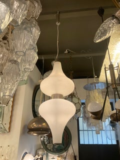 Stilnovo Chandelier Metal Crome Opaline Glass 1950 Italy