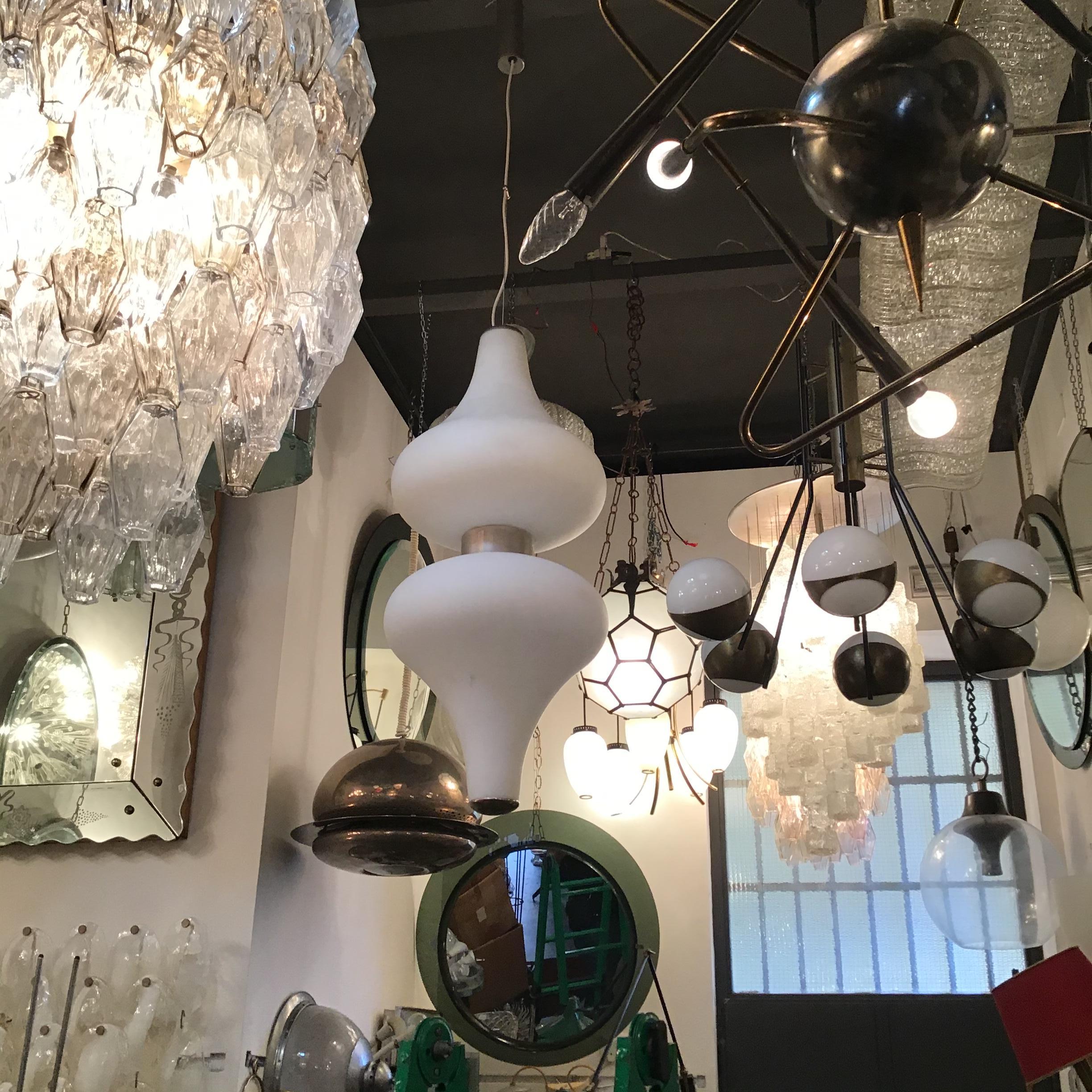 Italian Stilnovo Chandelier Metal Crome Opaline Glass 1950 Italy For Sale